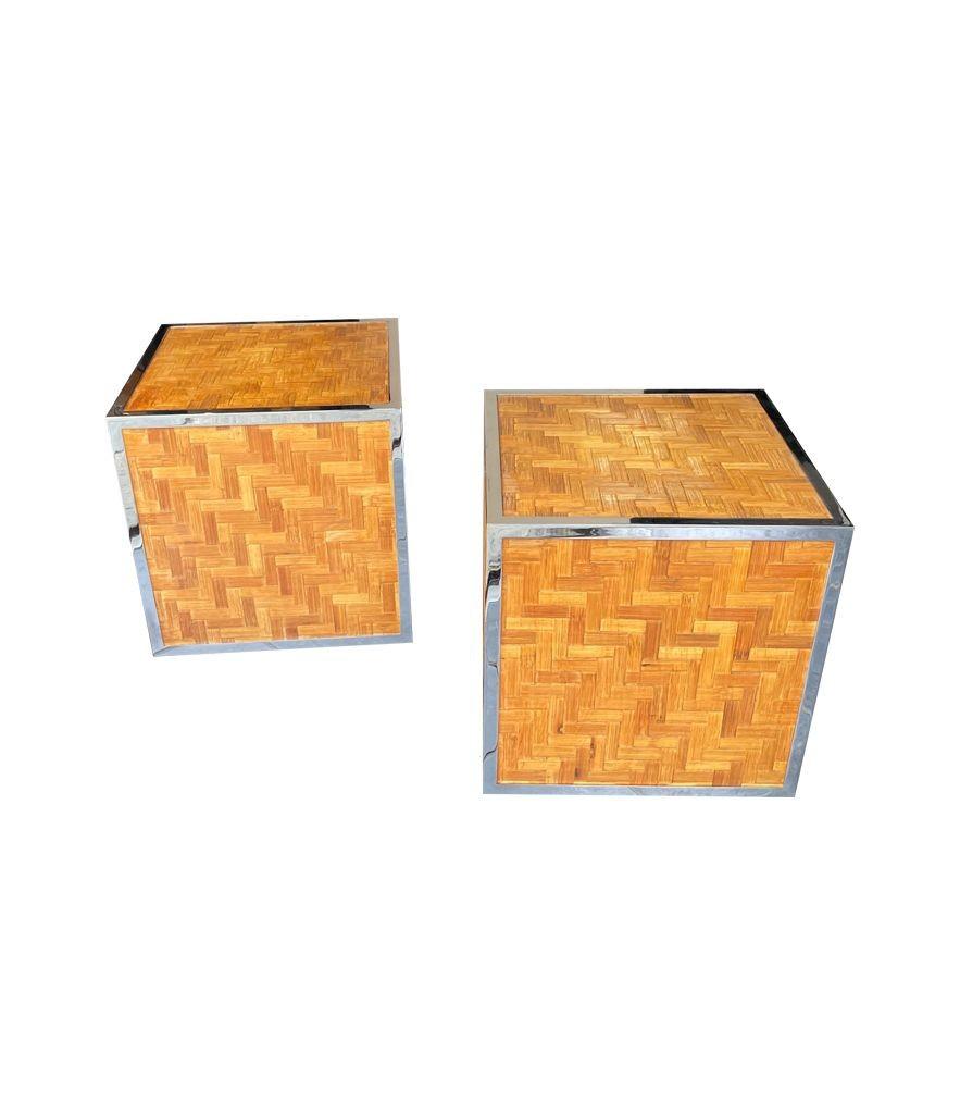 Pair of French 1970s Woven Rattan and Chrome Edged Cube Side Table 5