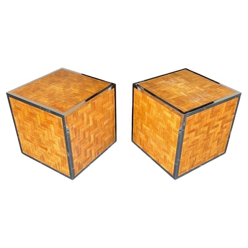 Pair of French 1970s Woven Rattan and Chrome Edged Cube Side Table