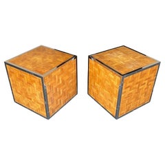 Pair of French 1970s Woven Rattan and Chrome Edged Cube Side Table