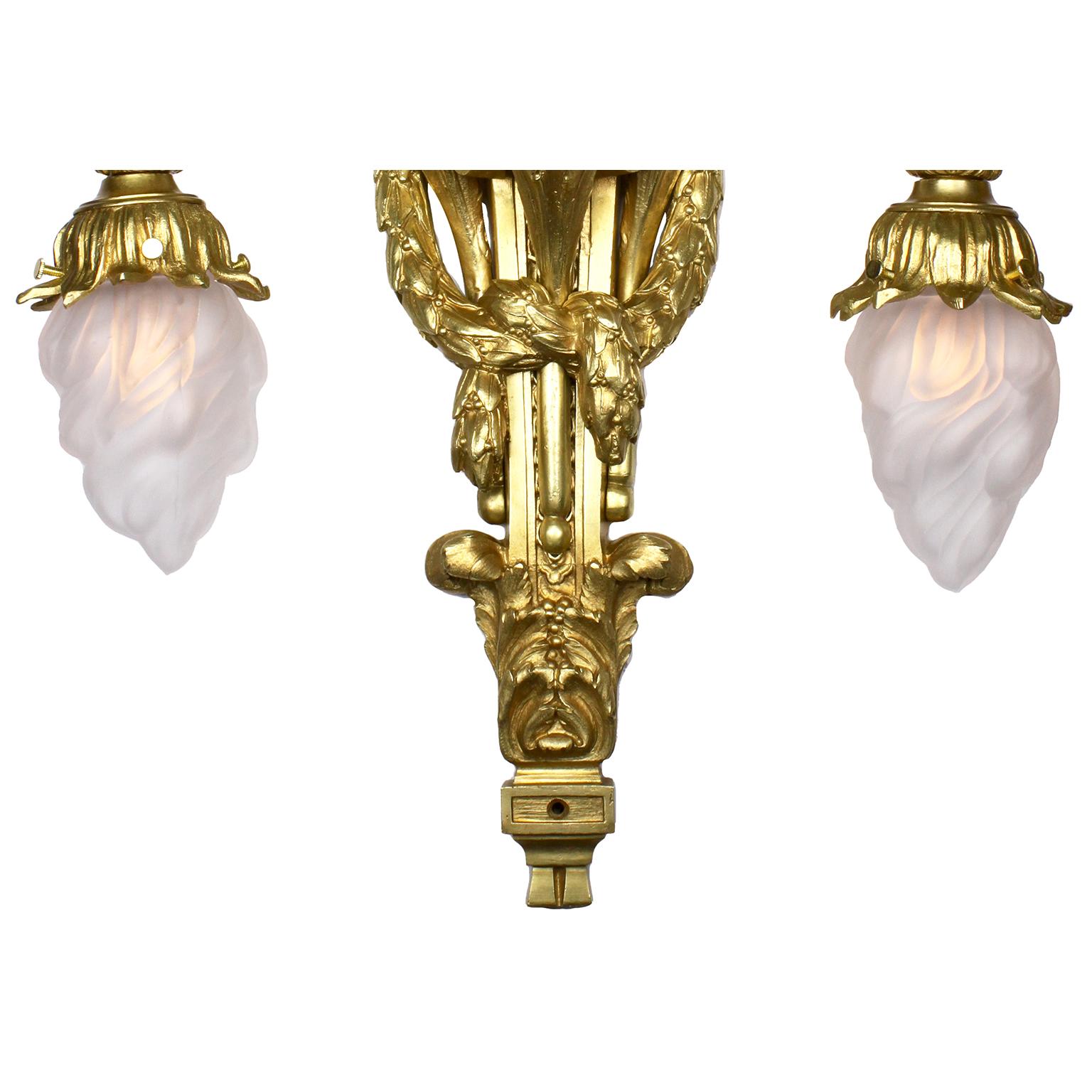 Frosted Pair of French 19th/20th Century Empire Style 3-Light Gilt-Bronze Wall Sconces For Sale