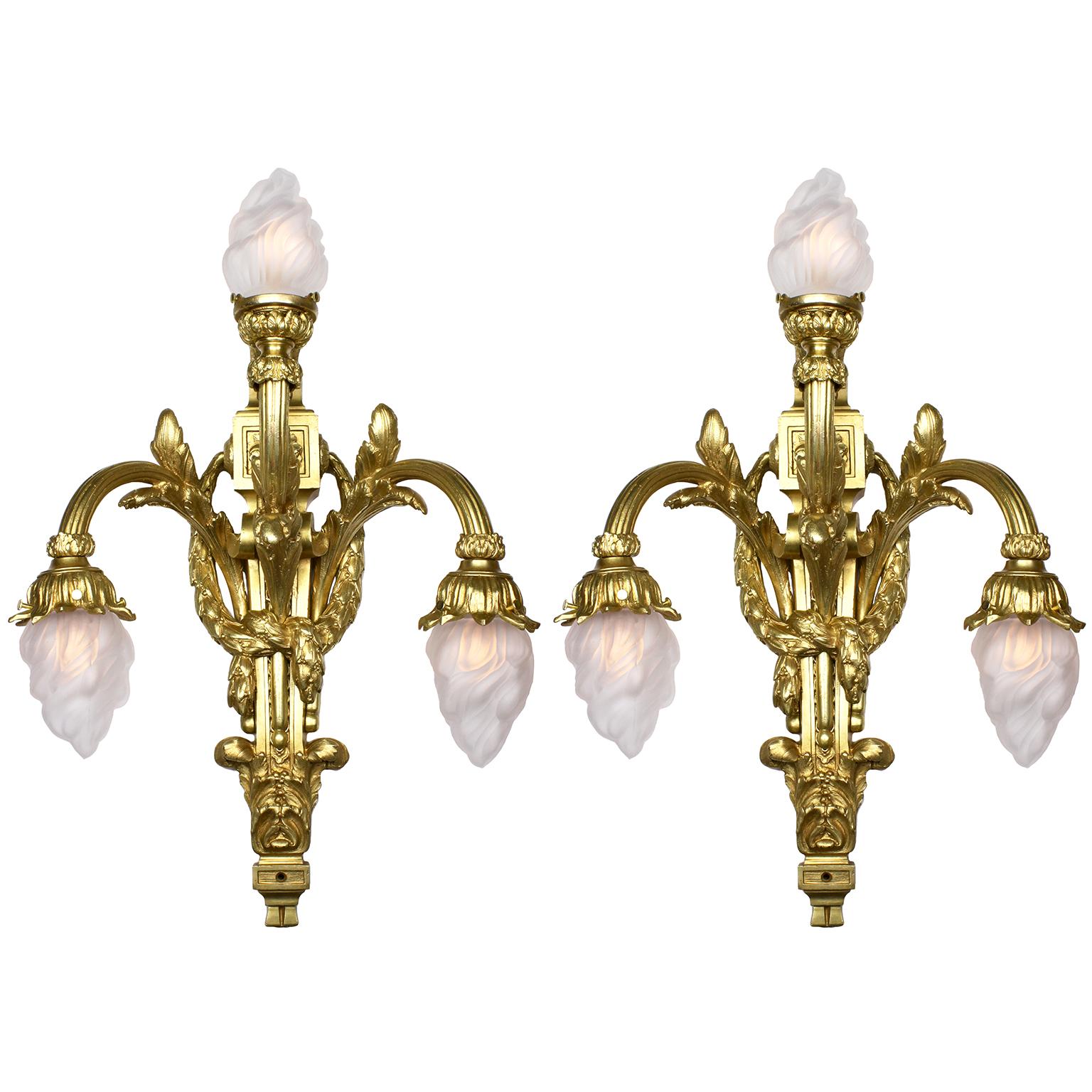 Blown Glass Pair of French 19th/20th Century Empire Style 3-Light Gilt-Bronze Wall Sconces For Sale