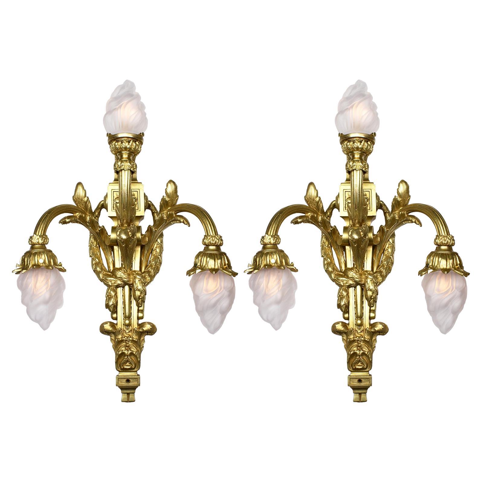 Pair of French 19th/20th Century Empire Style 3-Light Gilt-Bronze Wall Sconces For Sale