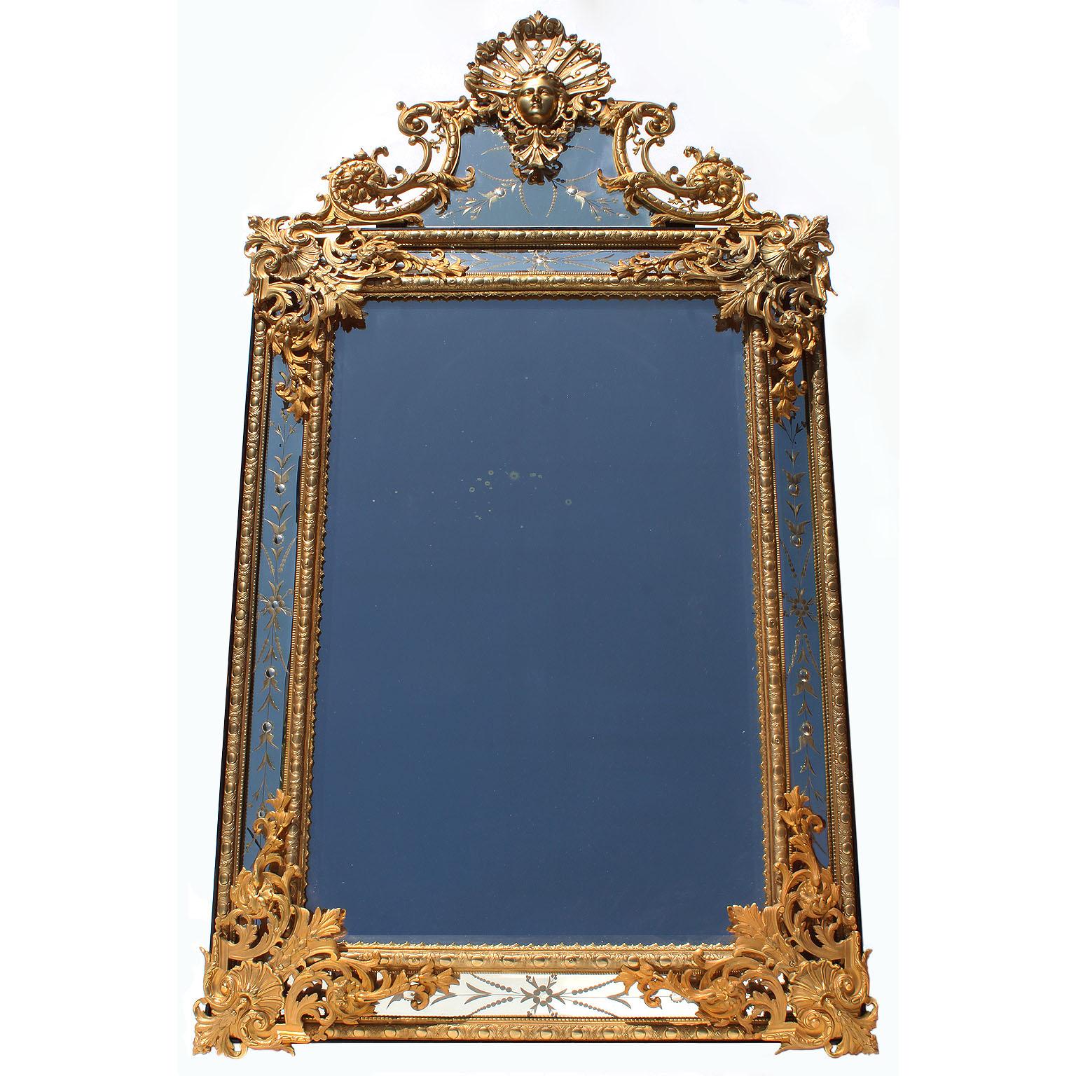 Etched Pair of French 19th-20th Century Louis XIV Style Gilt-Bronze 'Ormolu' Mirrors