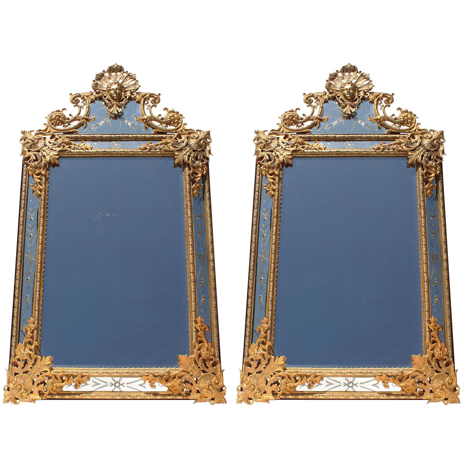 Pair of French 19th-20th Century Louis XIV Style Gilt-Bronze 'Ormolu' Mirrors