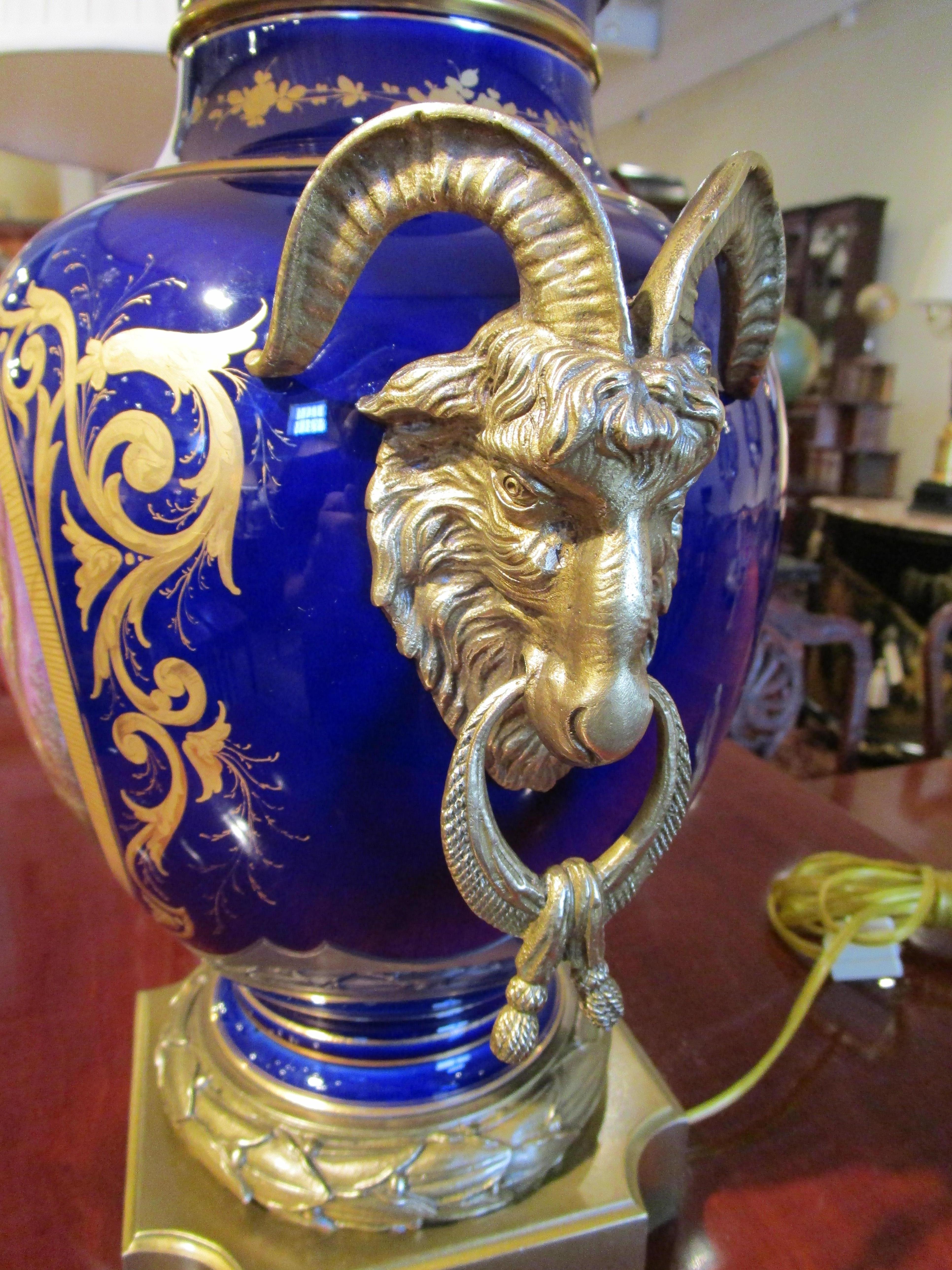 Pair of French 19th C Sevre's Cobalt Blue Porcelain and Gilt Bronze Lamps In Good Condition For Sale In Dallas, TX