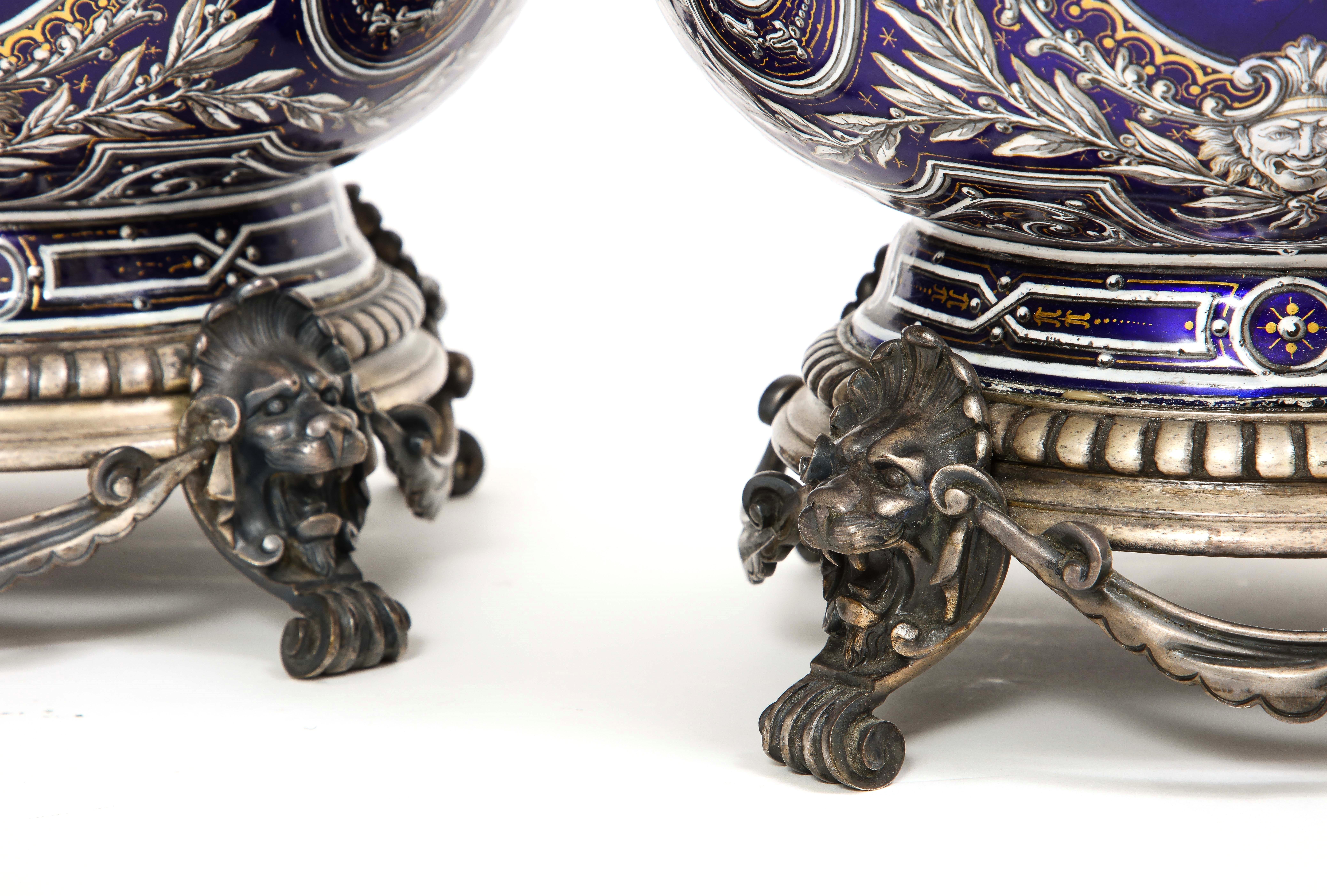 Pair of French 19th C. Silvered Bronze Mounted Enameled Copper Armorial Vases For Sale 13