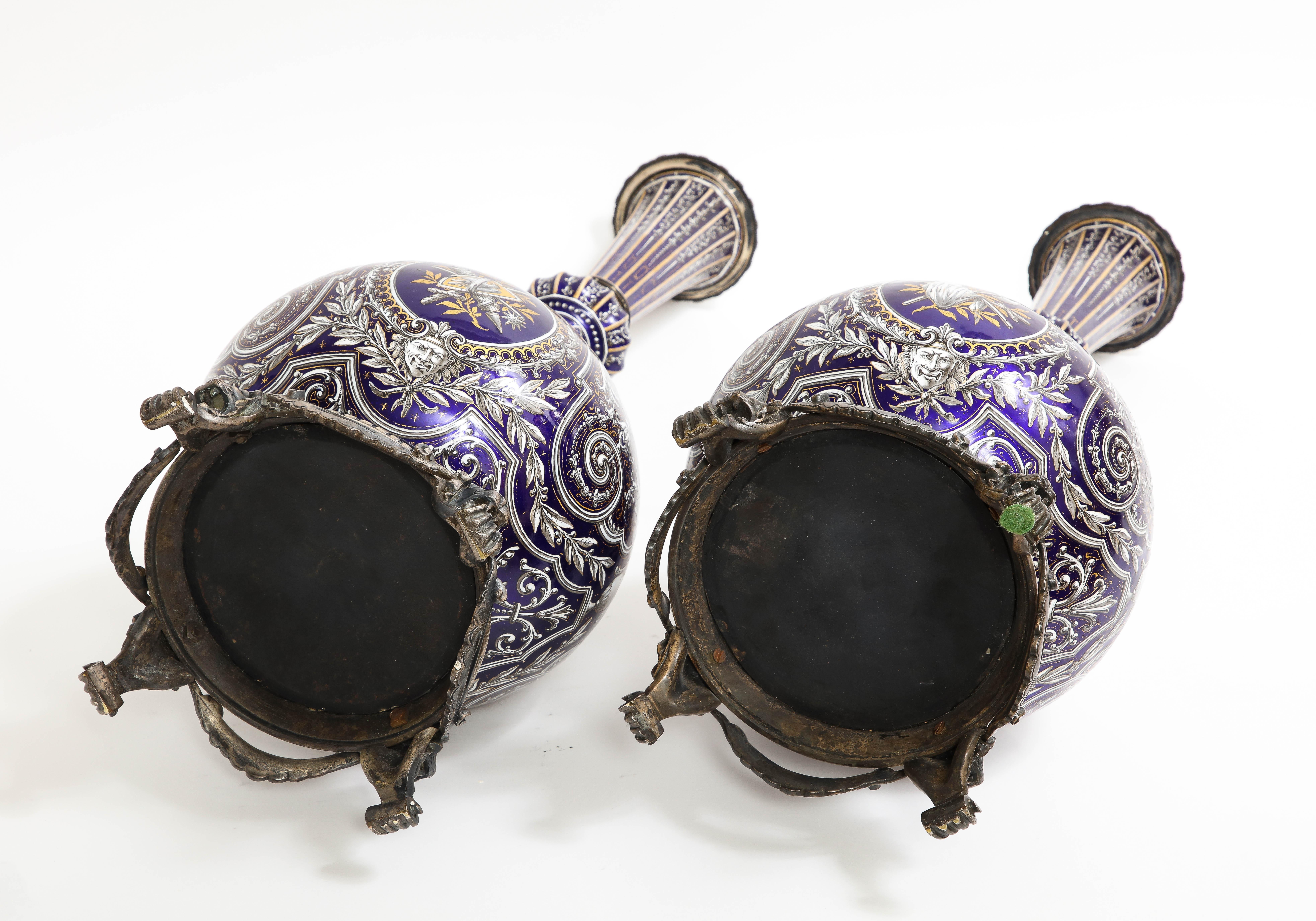 Pair of French 19th C. Silvered Bronze Mounted Enameled Copper Armorial Vases For Sale 16