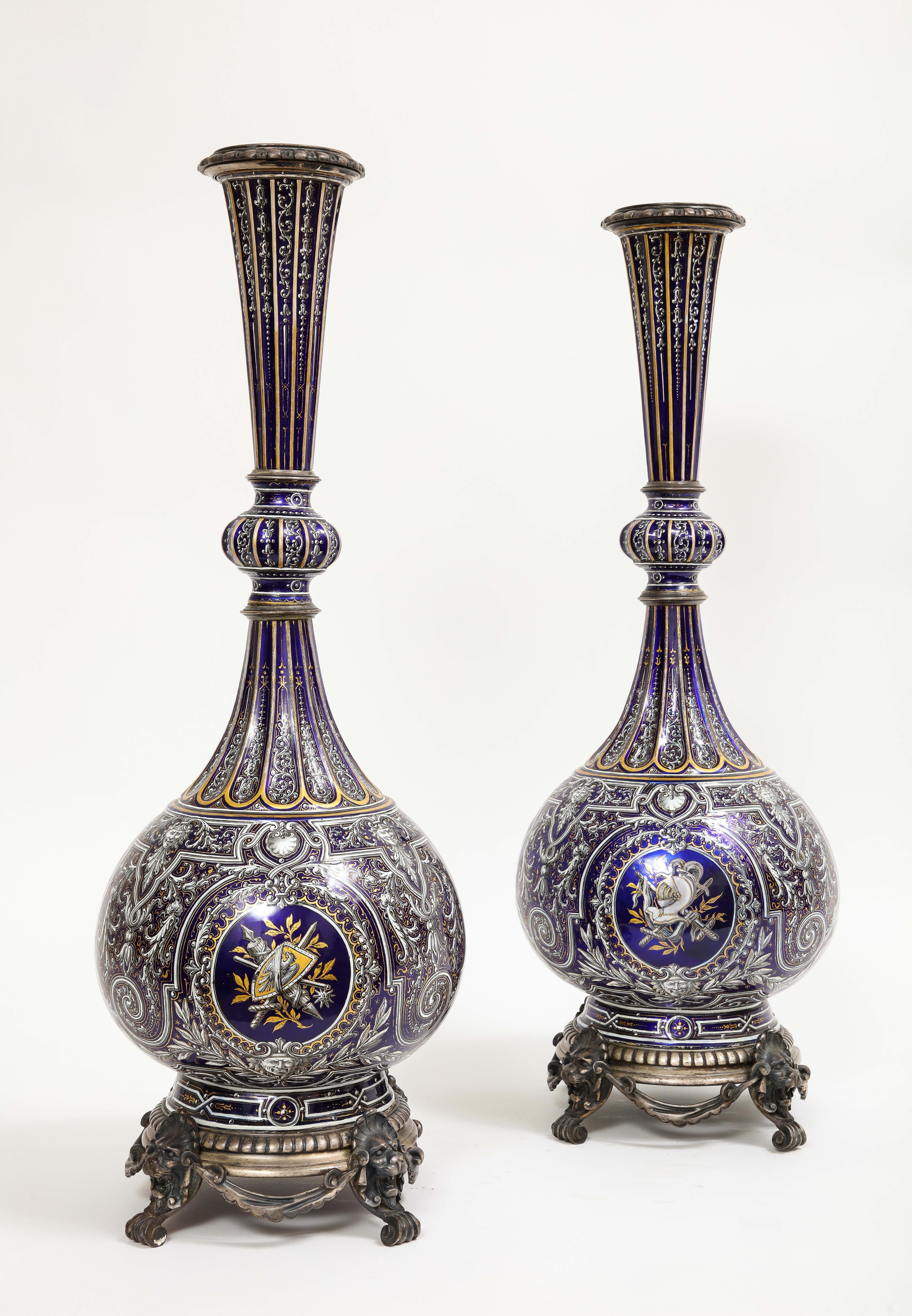 Pair of French 19th C. Silvered Bronze Mounted Enameled Copper Armorial Vases In Good Condition For Sale In New York, NY