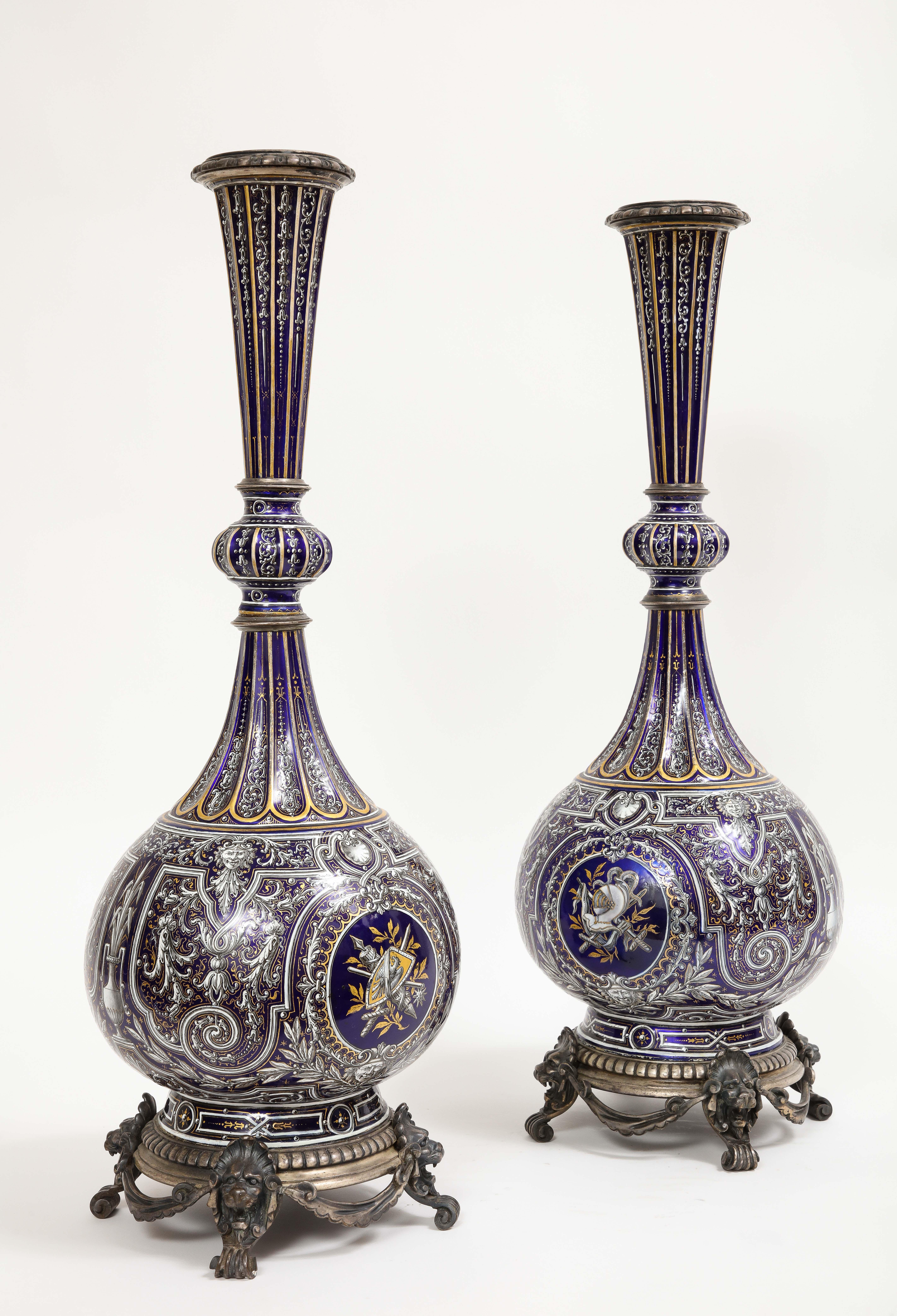 Mid-19th Century Pair of French 19th C. Silvered Bronze Mounted Enameled Copper Armorial Vases For Sale