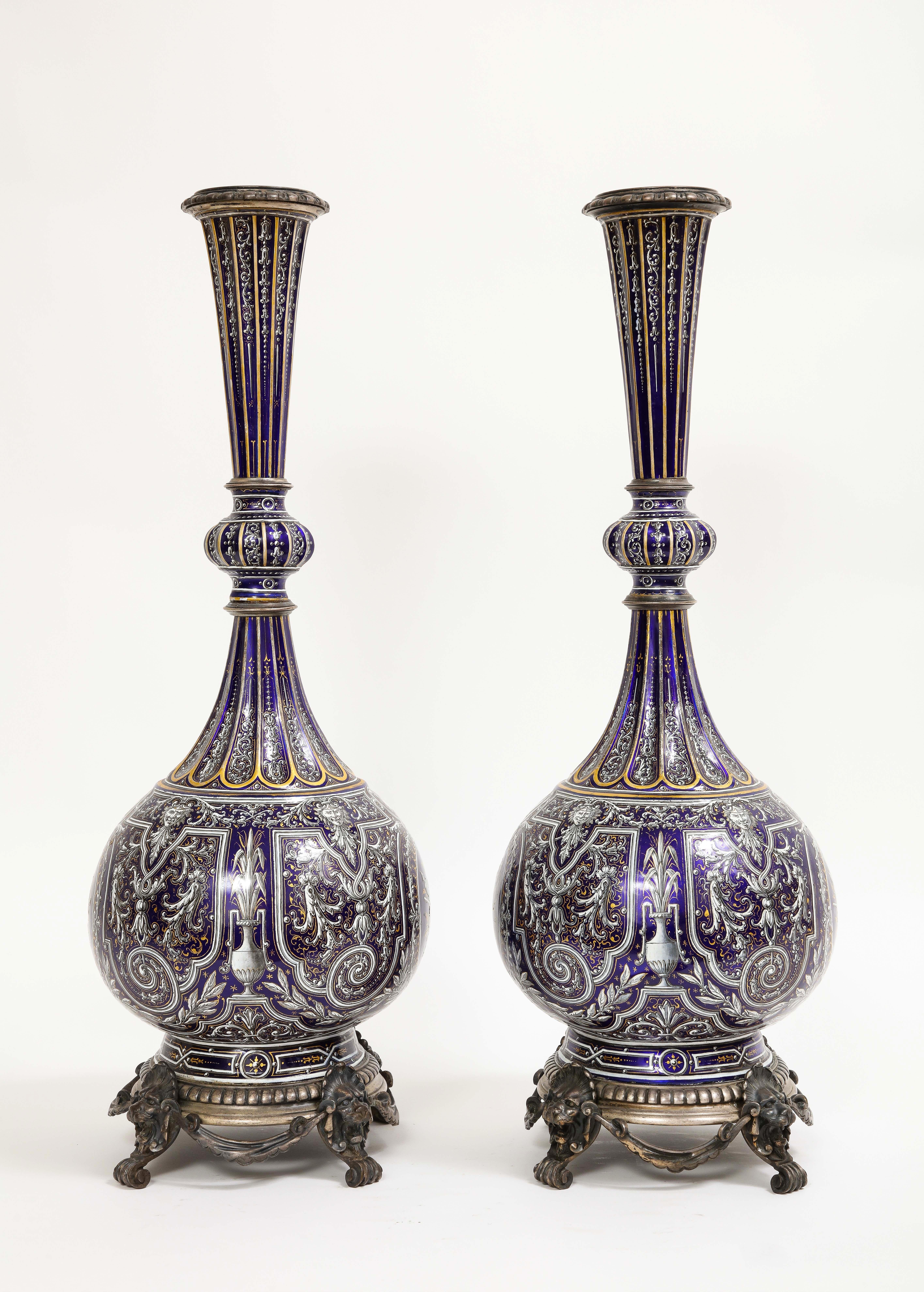 Pair of French 19th C. Silvered Bronze Mounted Enameled Copper Armorial Vases For Sale 1