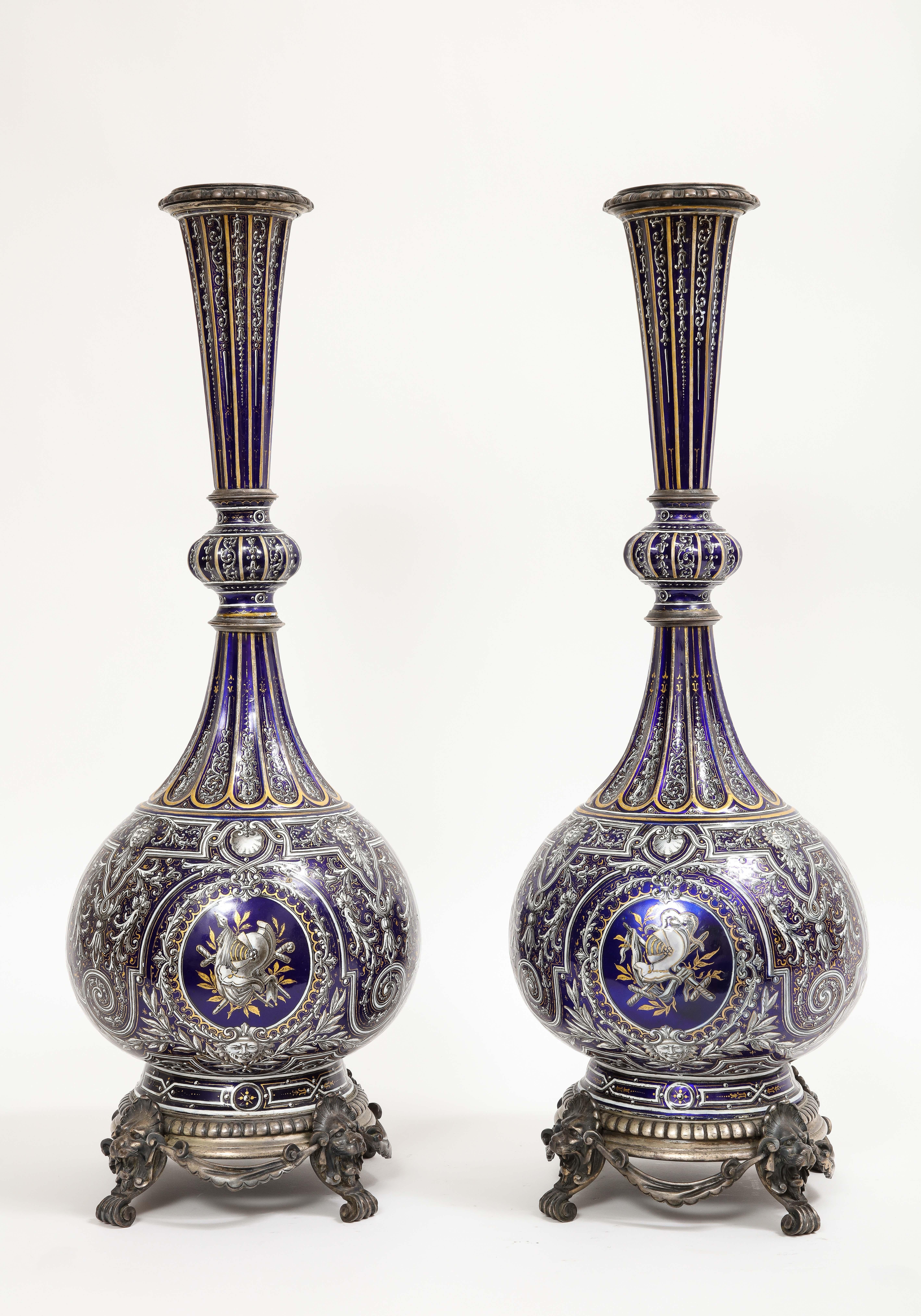 Pair of French 19th C. Silvered Bronze Mounted Enameled Copper Armorial Vases For Sale 2