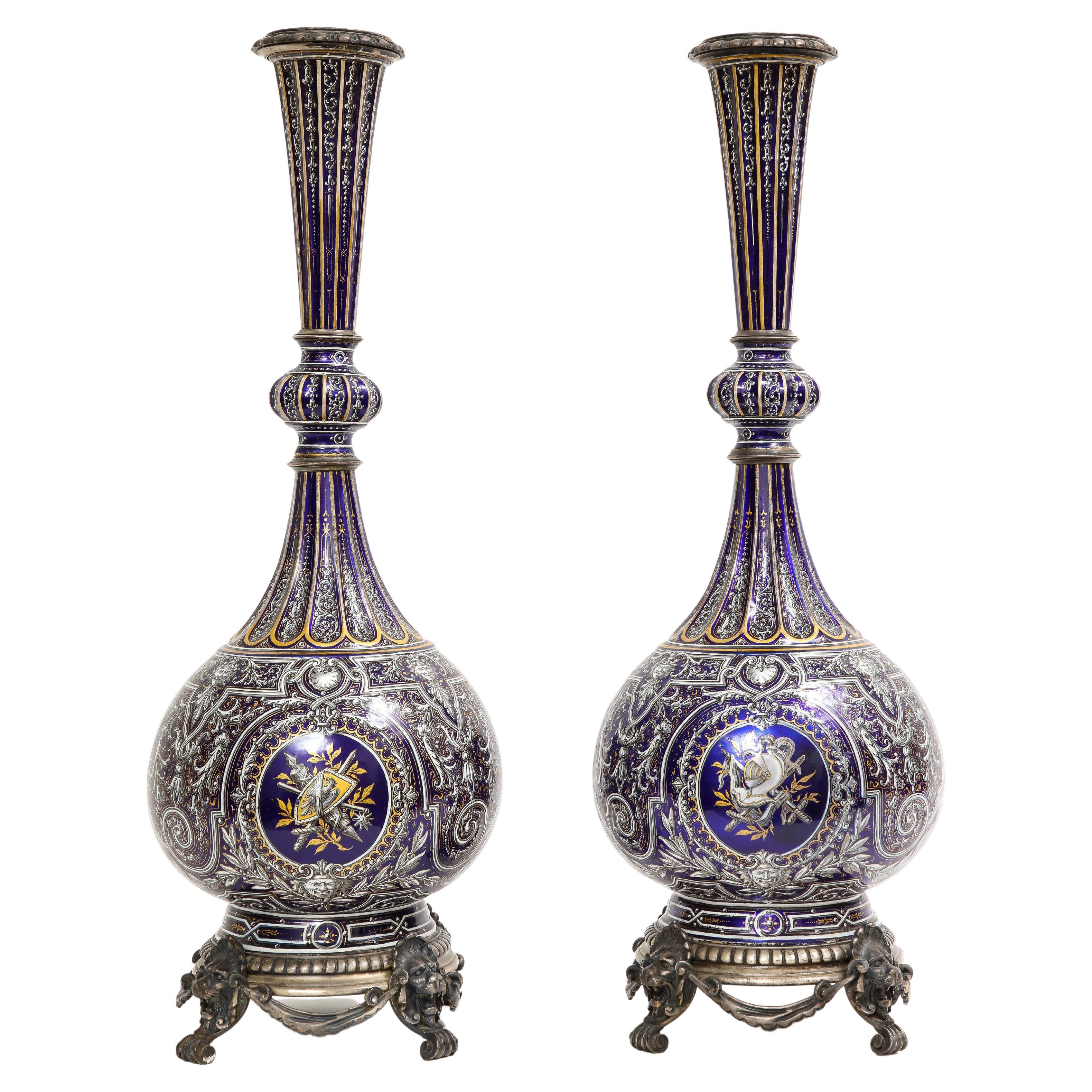 Pair of French 19th C. Silvered Bronze Mounted Enameled Copper Armorial Vases
