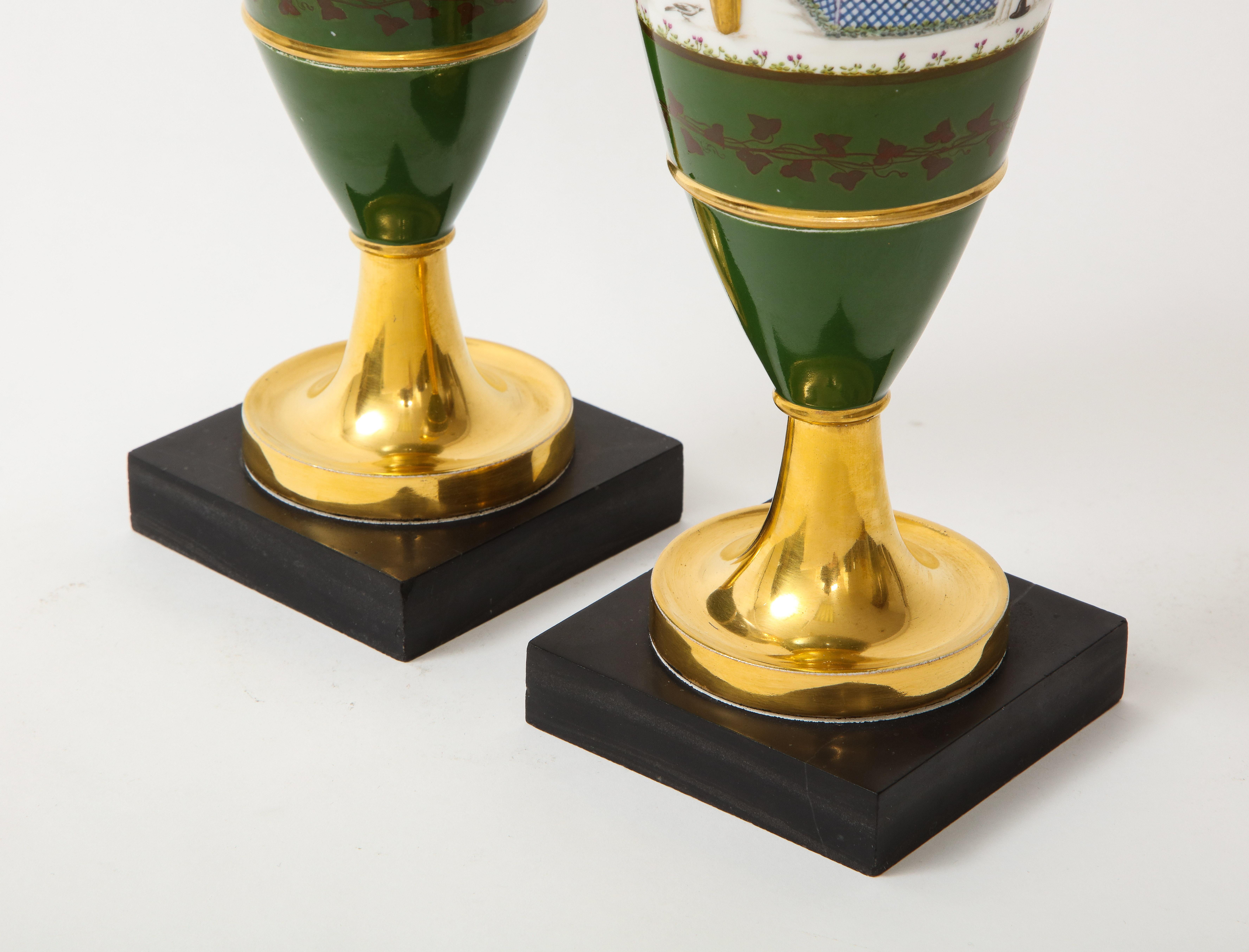 Pair of French 19th C.Empire Period Old Paris Porcelain Swan Handle Vases For Sale 9
