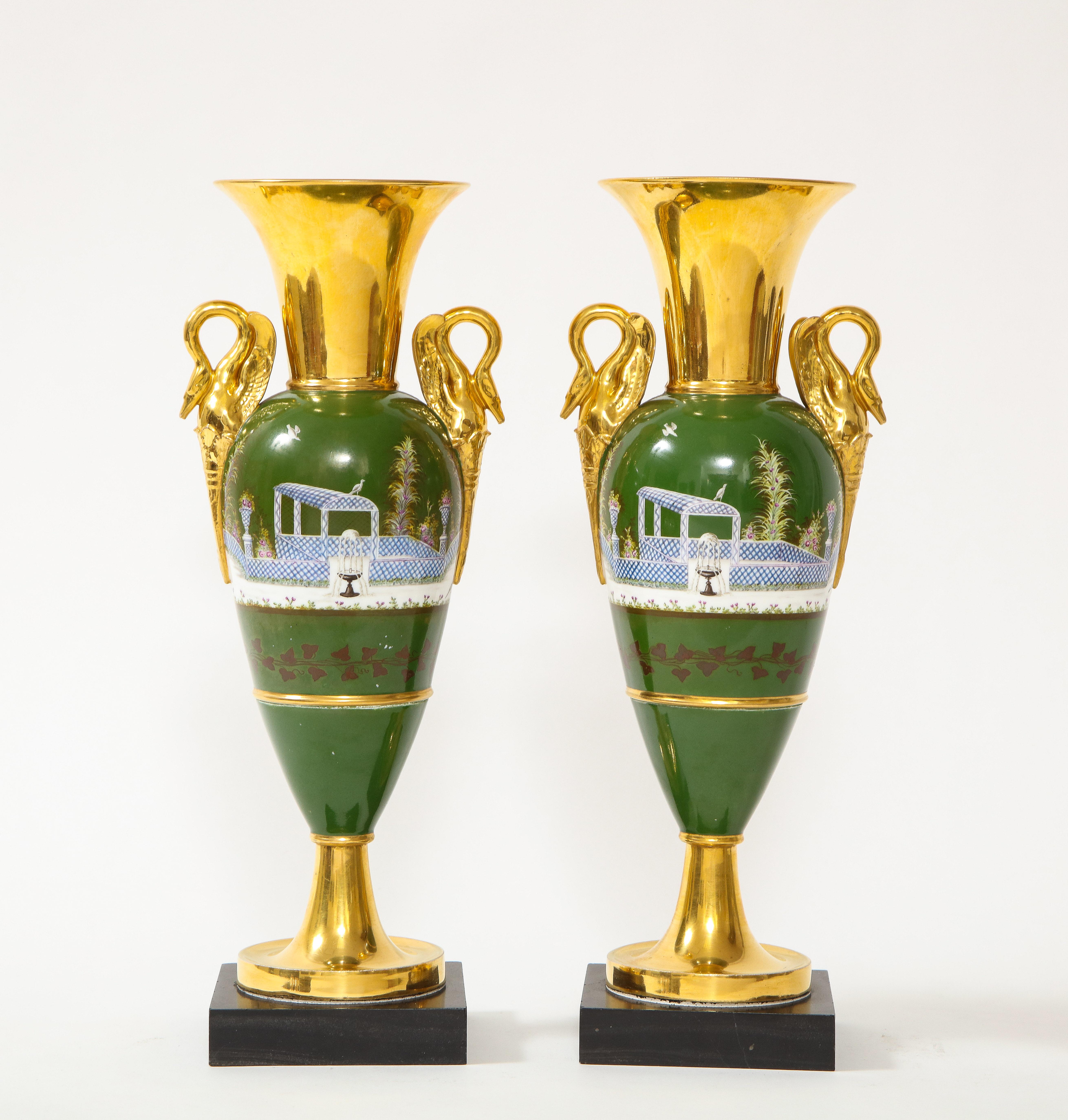 Hand-Painted Pair of French 19th C.Empire Period Old Paris Porcelain Swan Handle Vases For Sale