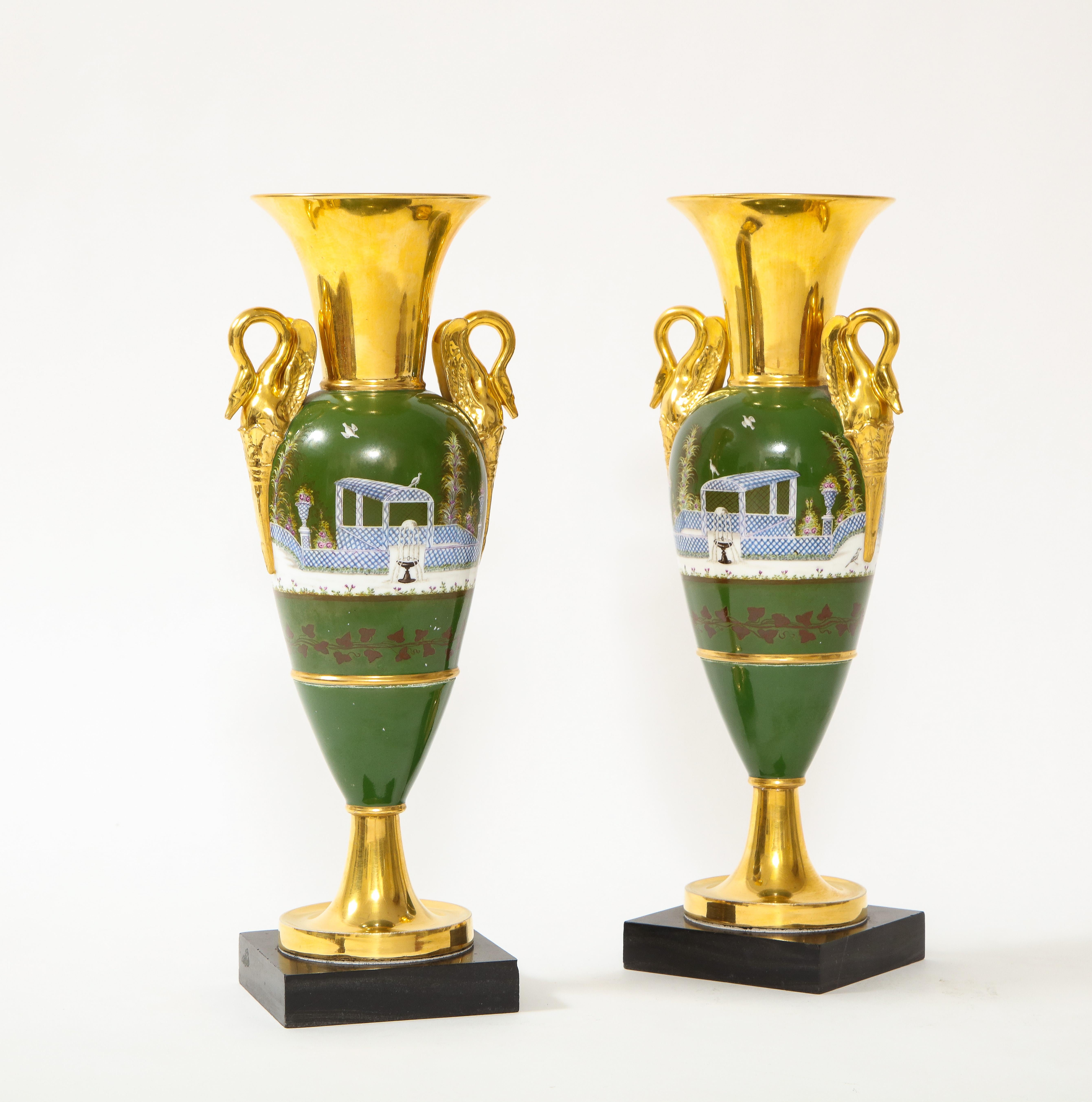 Pair of French 19th C.Empire Period Old Paris Porcelain Swan Handle Vases In Good Condition For Sale In New York, NY