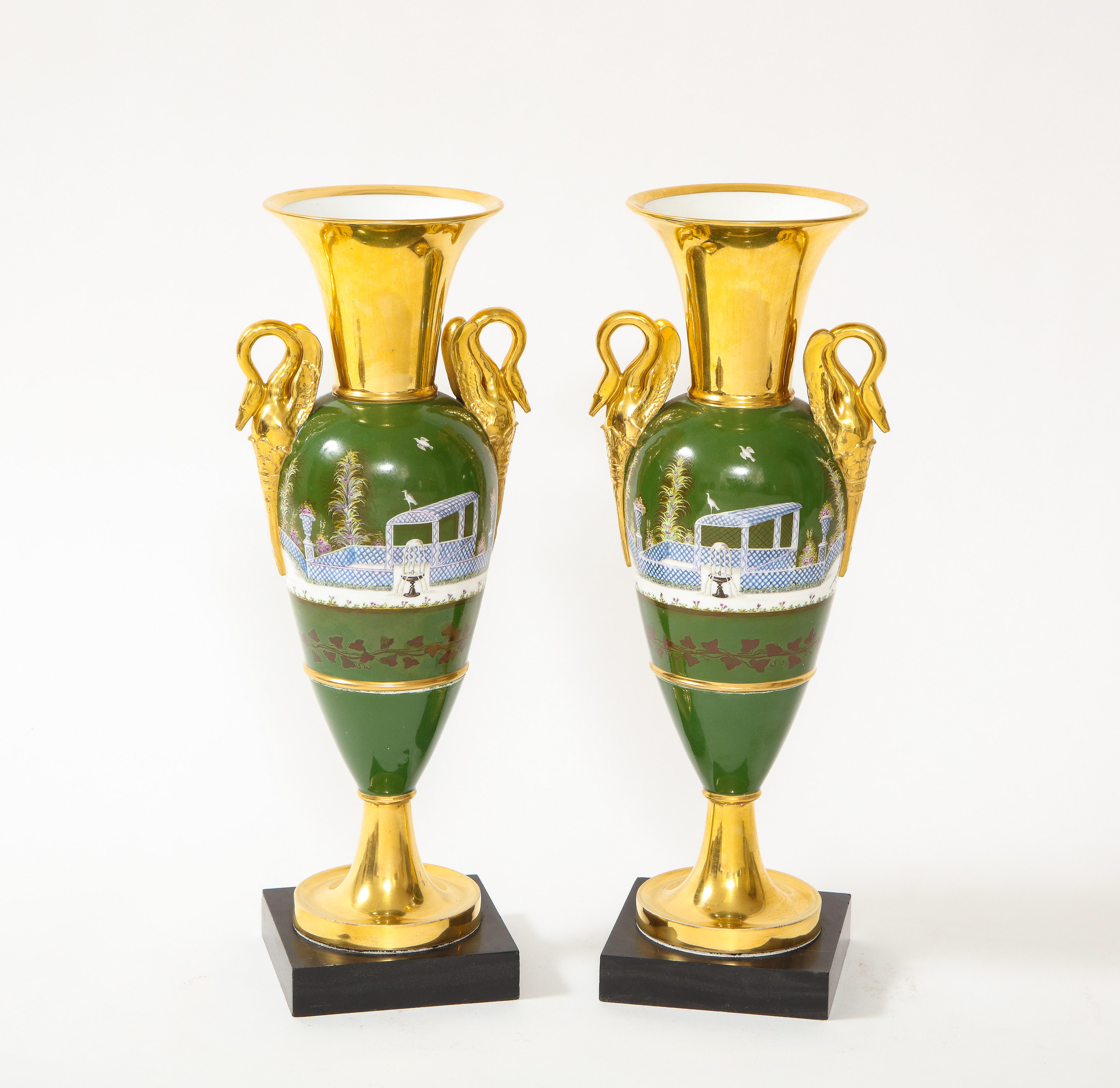 Early 19th Century Pair of French 19th C.Empire Period Old Paris Porcelain Swan Handle Vases For Sale