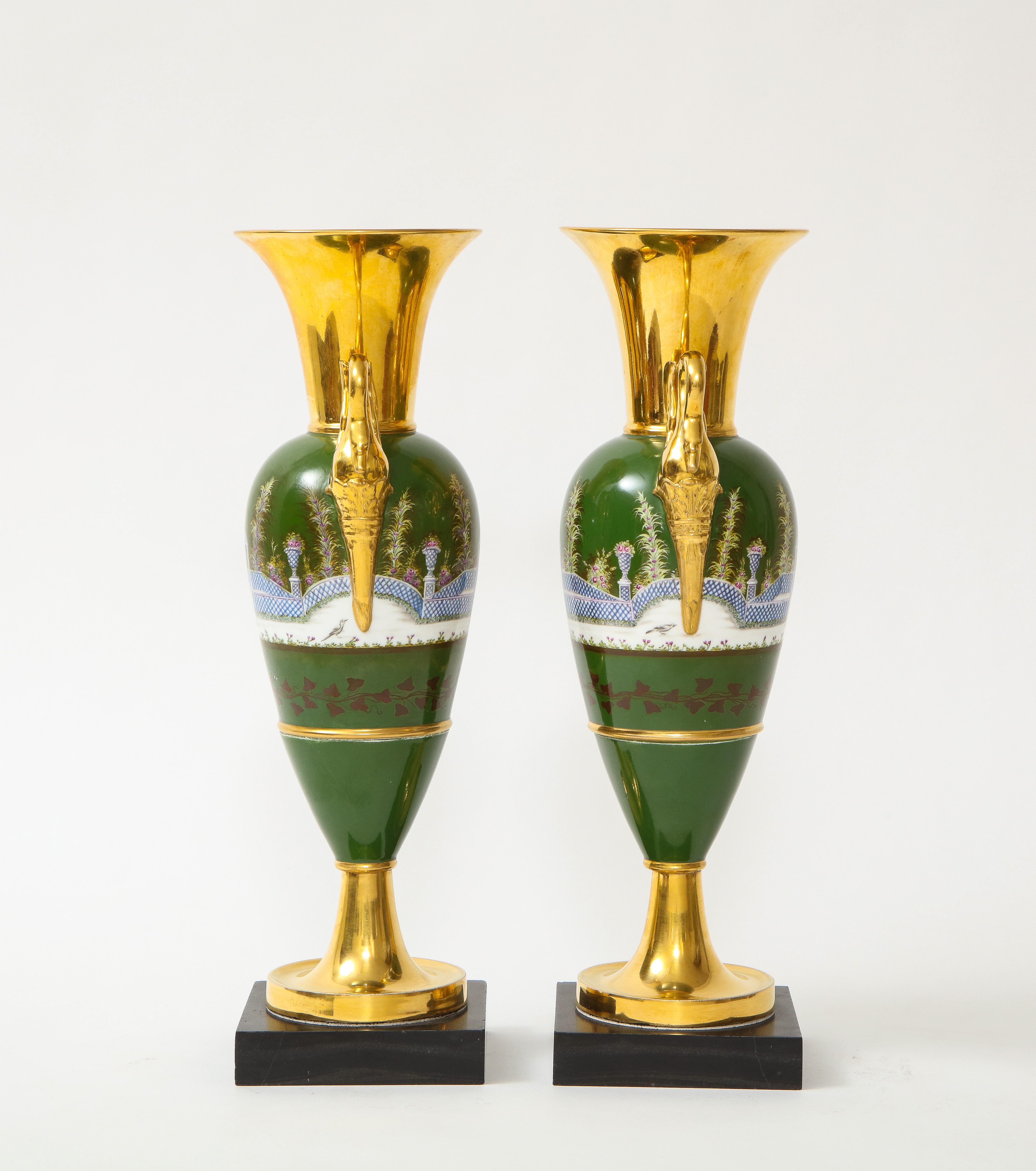 Pair of French 19th C.Empire Period Old Paris Porcelain Swan Handle Vases For Sale 1