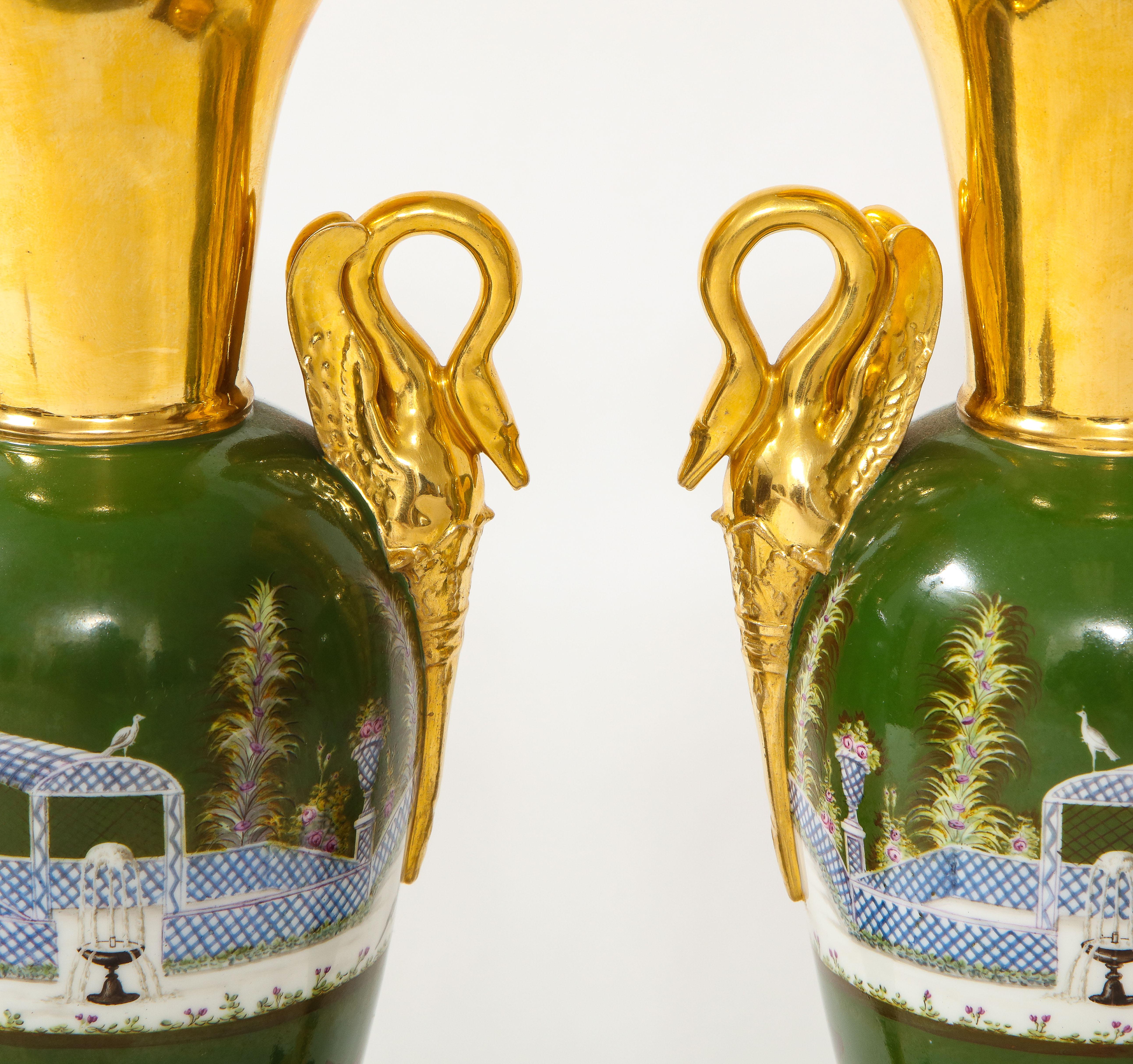 Pair of French 19th C.Empire Period Old Paris Porcelain Swan Handle Vases For Sale 2