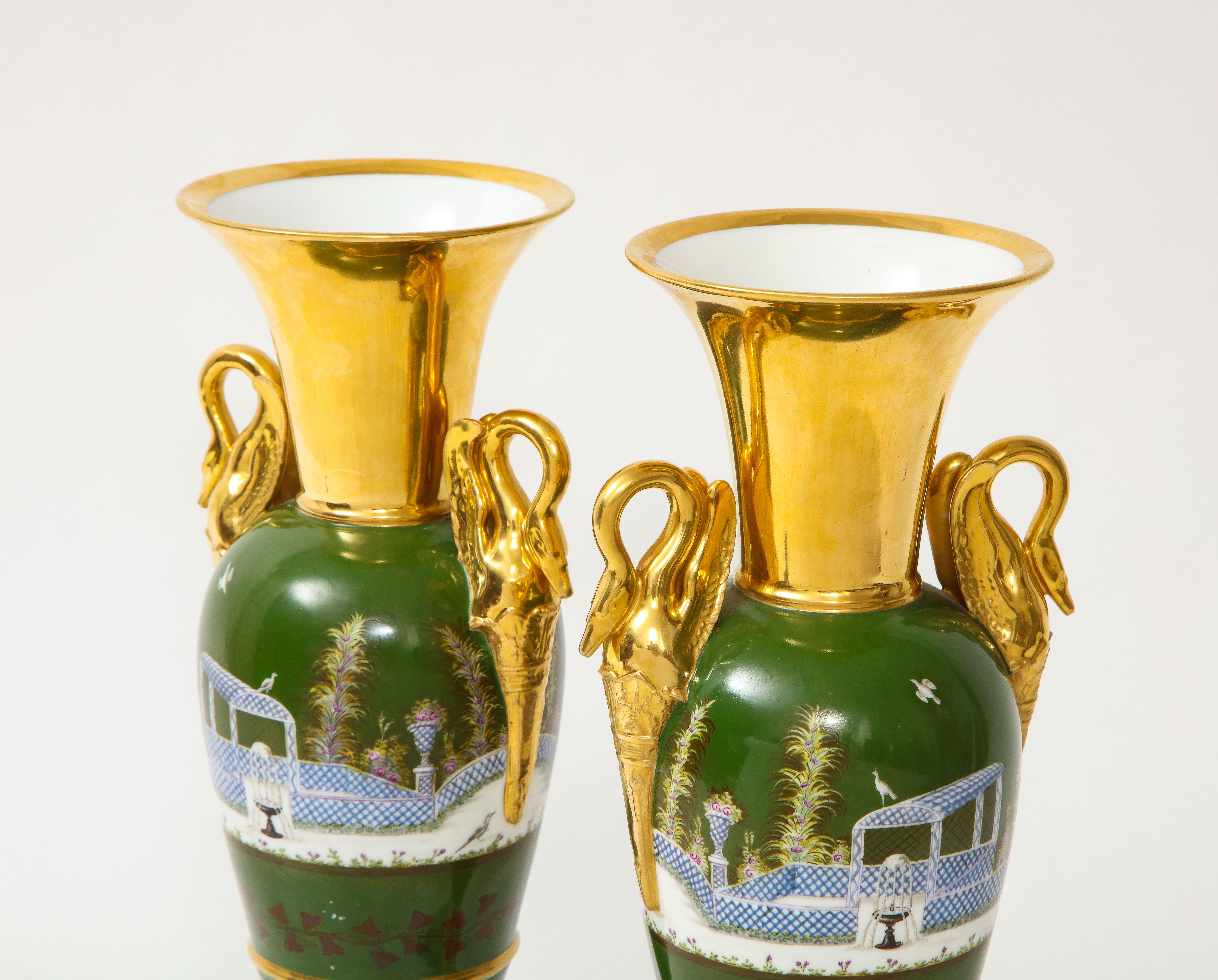 Pair of French 19th C.Empire Period Old Paris Porcelain Swan Handle Vases For Sale 3