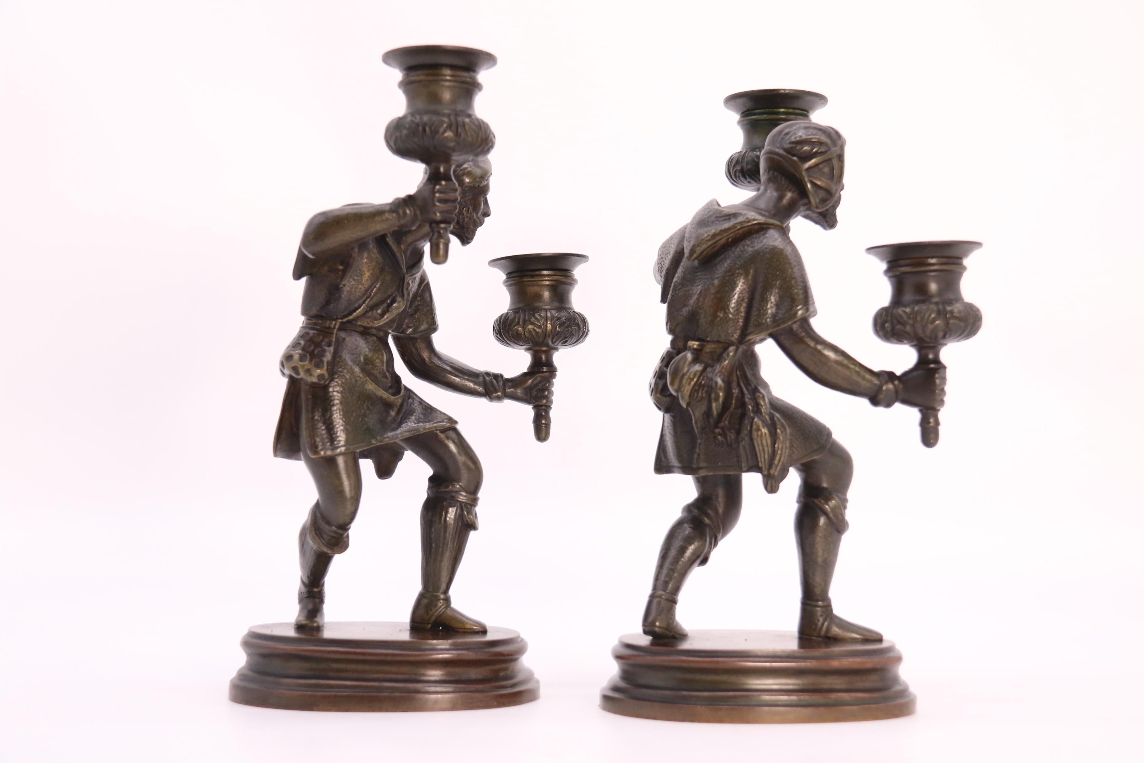 A pair of French 19th century bronze figurative double candlesticks circa 1860 For Sale 4