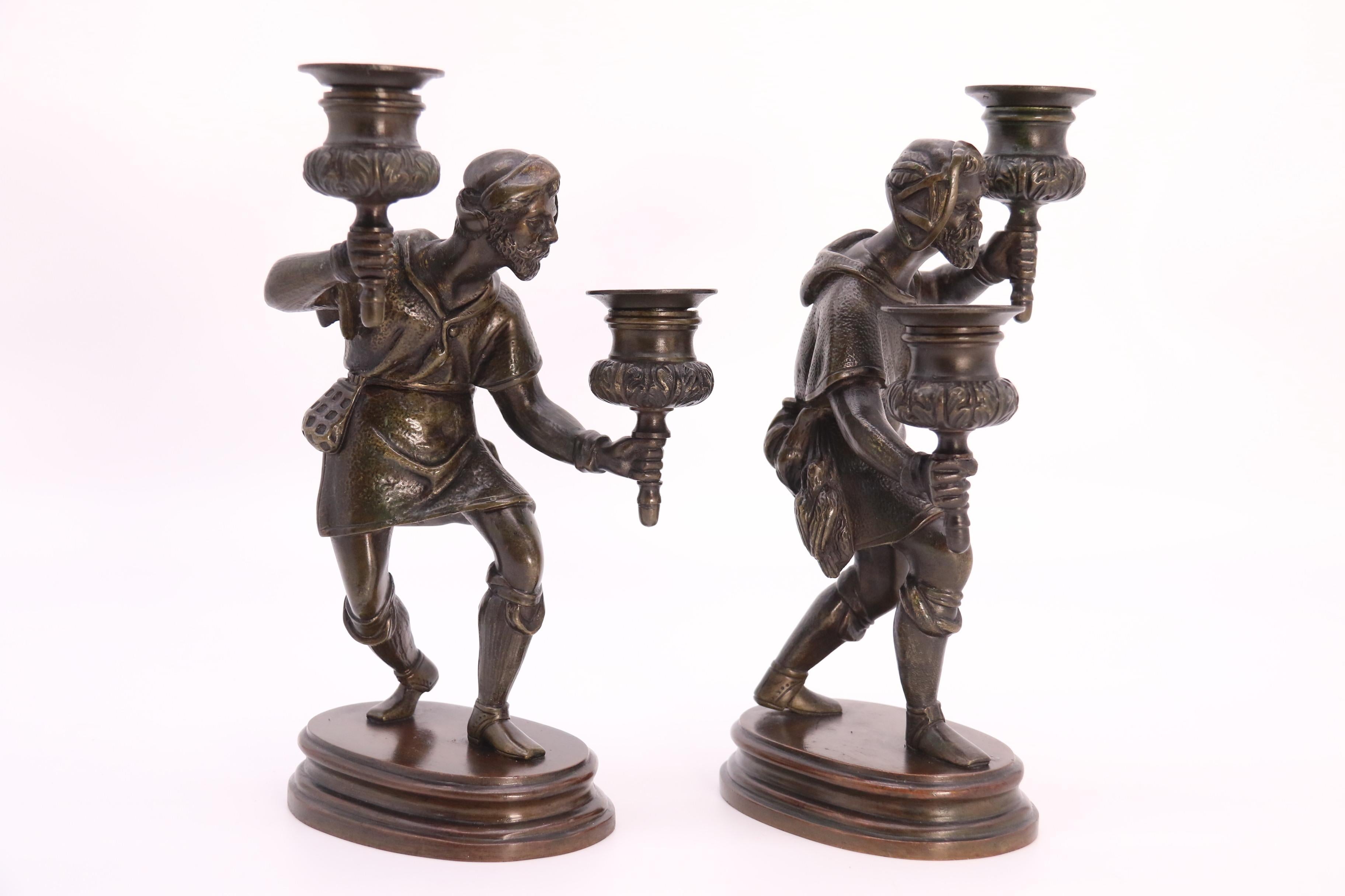 A pair of French 19th century bronze figurative double candlesticks circa 1860 For Sale 5