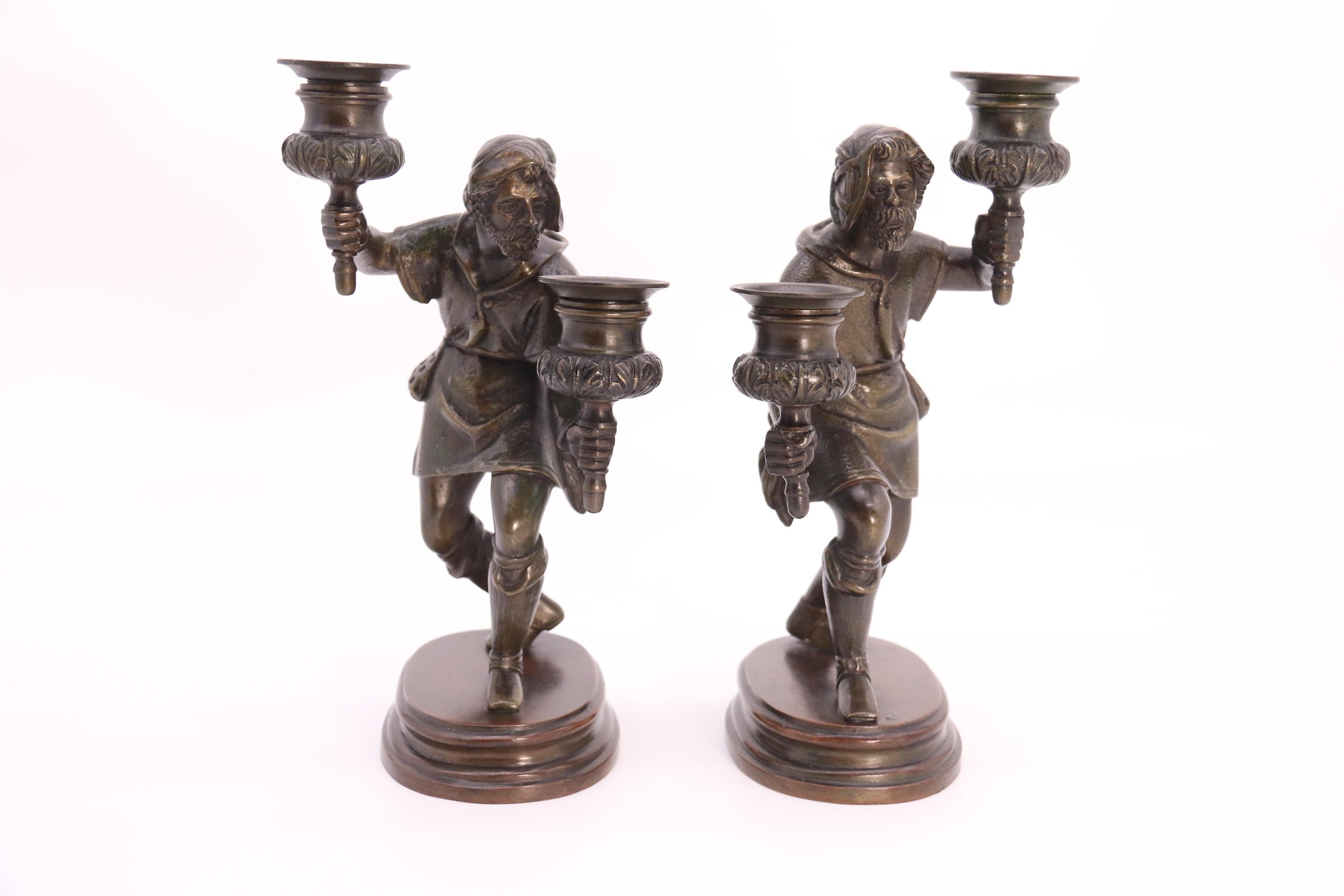 A pair of French 19th century bronze figurative double candlesticks circa 1860 For Sale 6