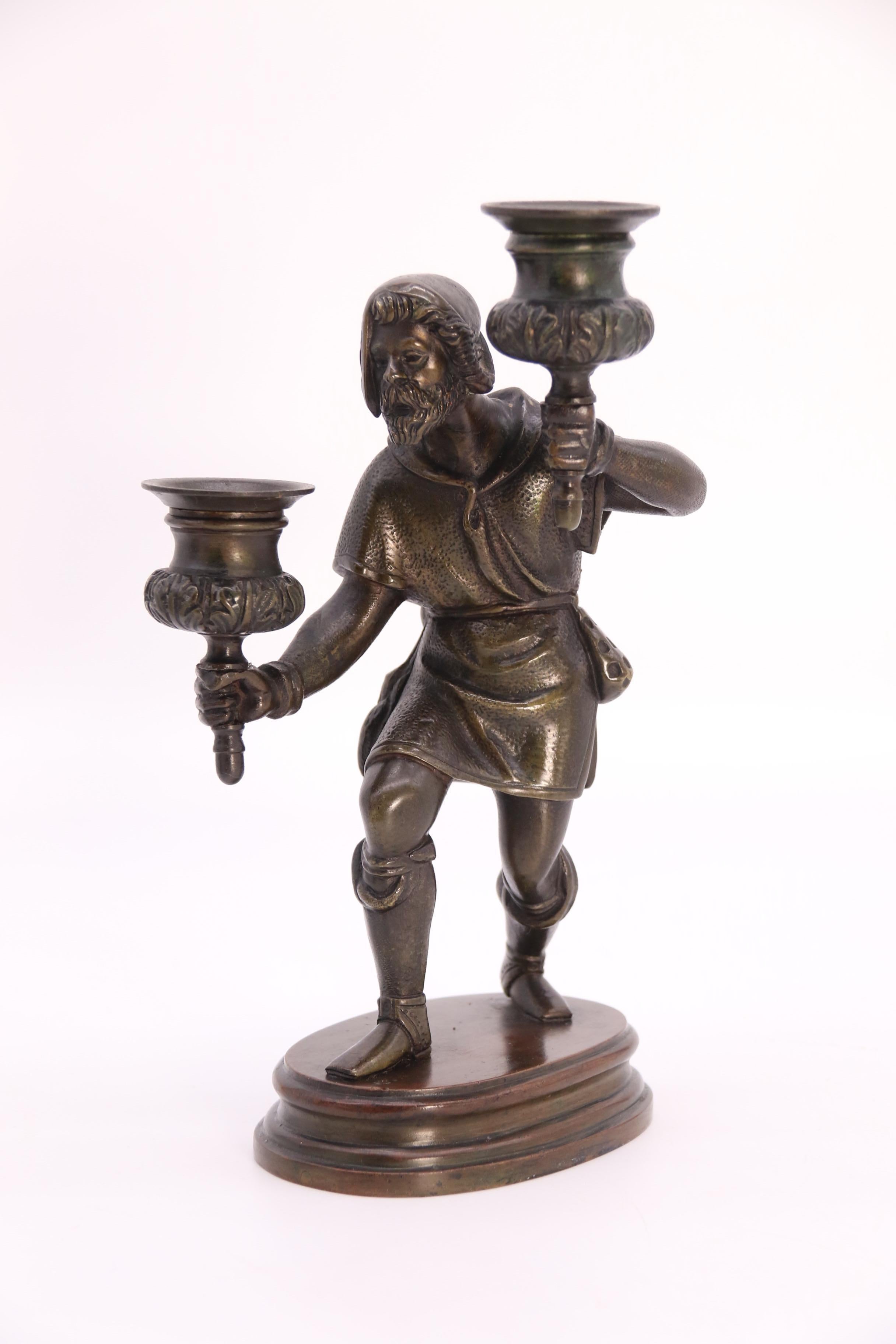 A pair of French 19th century bronze figurative double candlesticks circa 1860 For Sale 7