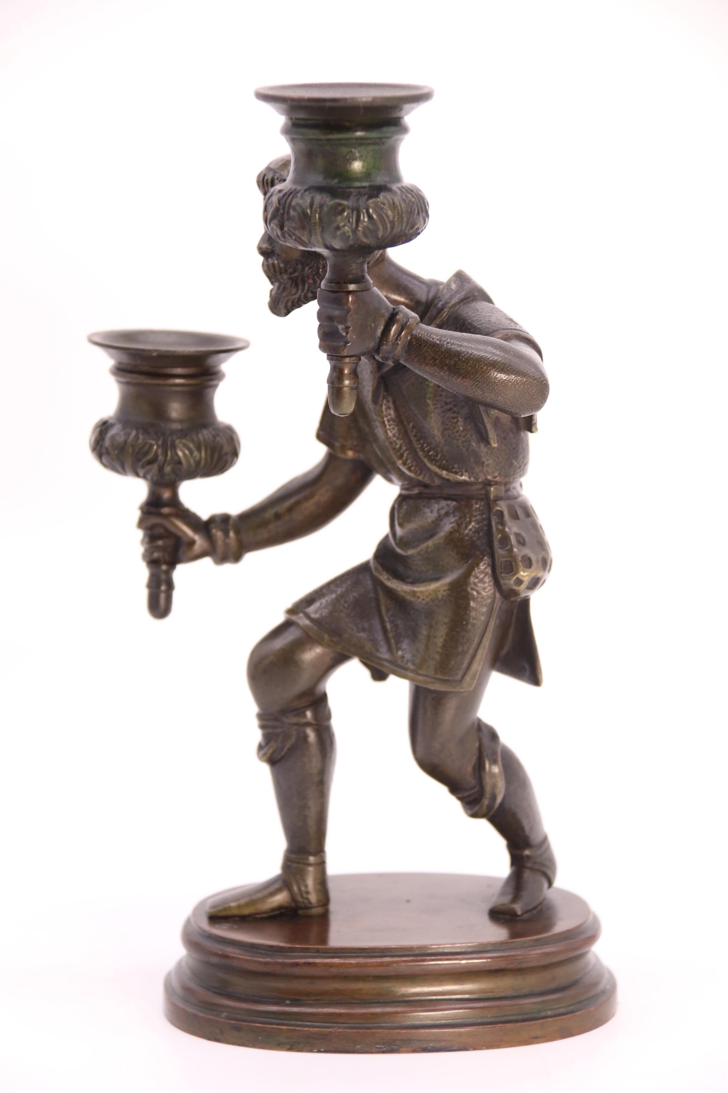 A pair of French 19th century bronze figurative double candlesticks circa 1860 For Sale 8