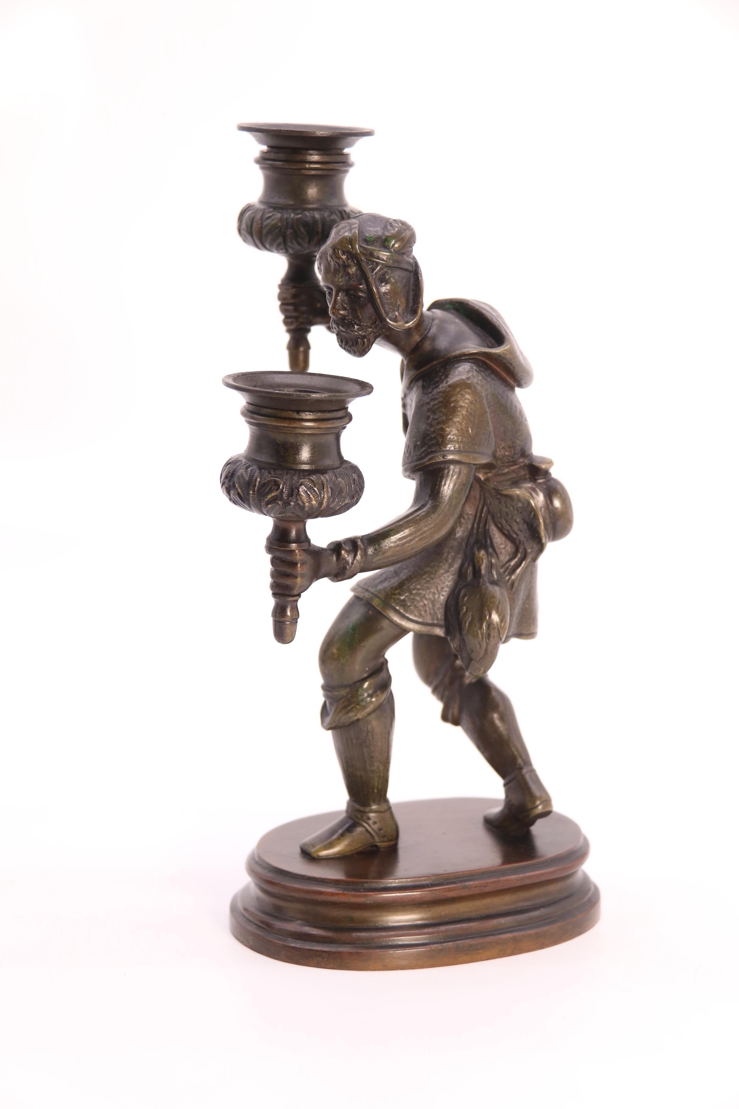 A pair of French 19th century bronze figurative double candlesticks circa 1860 For Sale 11