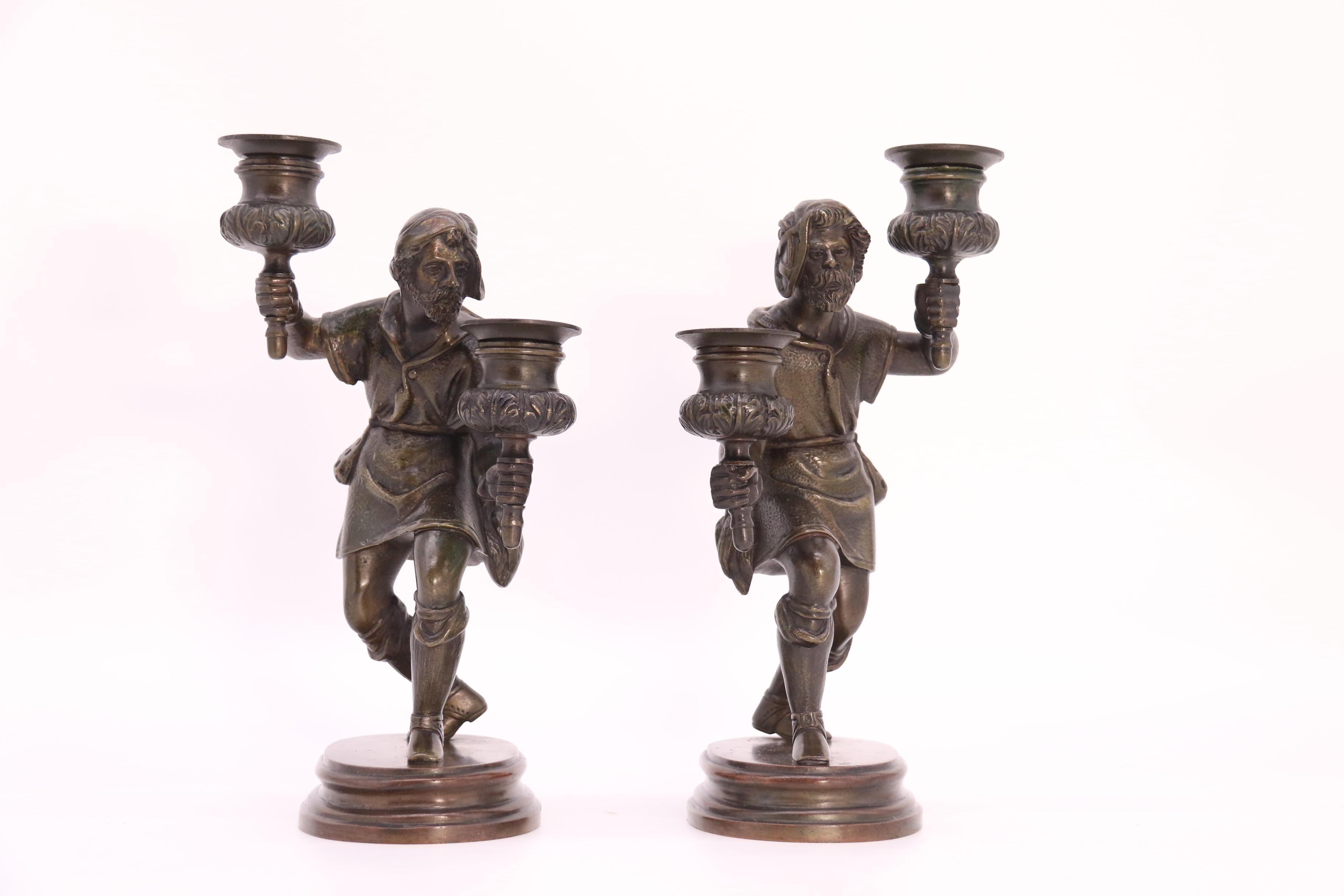 Napoleon III A pair of French 19th century bronze figurative double candlesticks circa 1860 For Sale