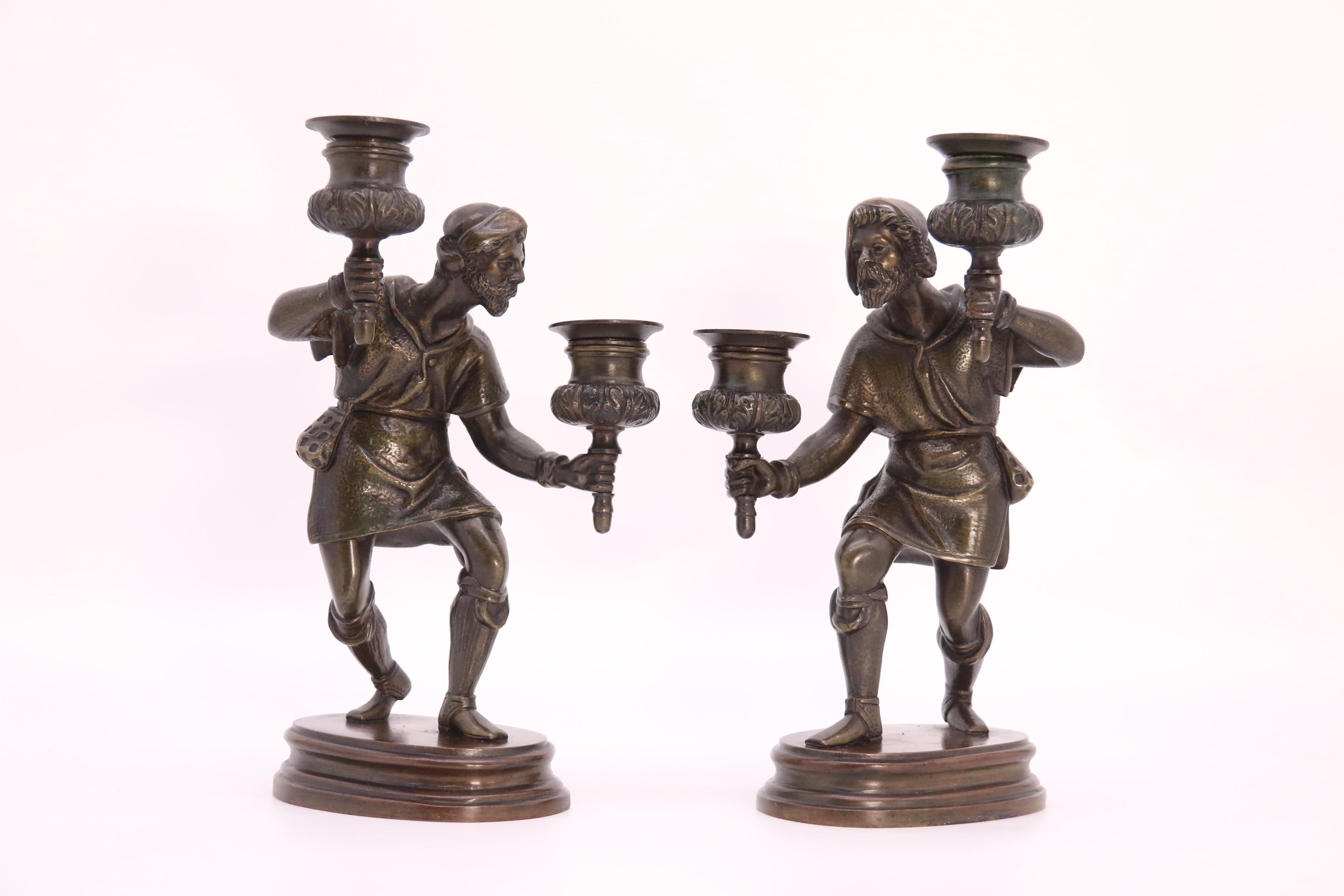Cast A pair of French 19th century bronze figurative double candlesticks circa 1860 For Sale