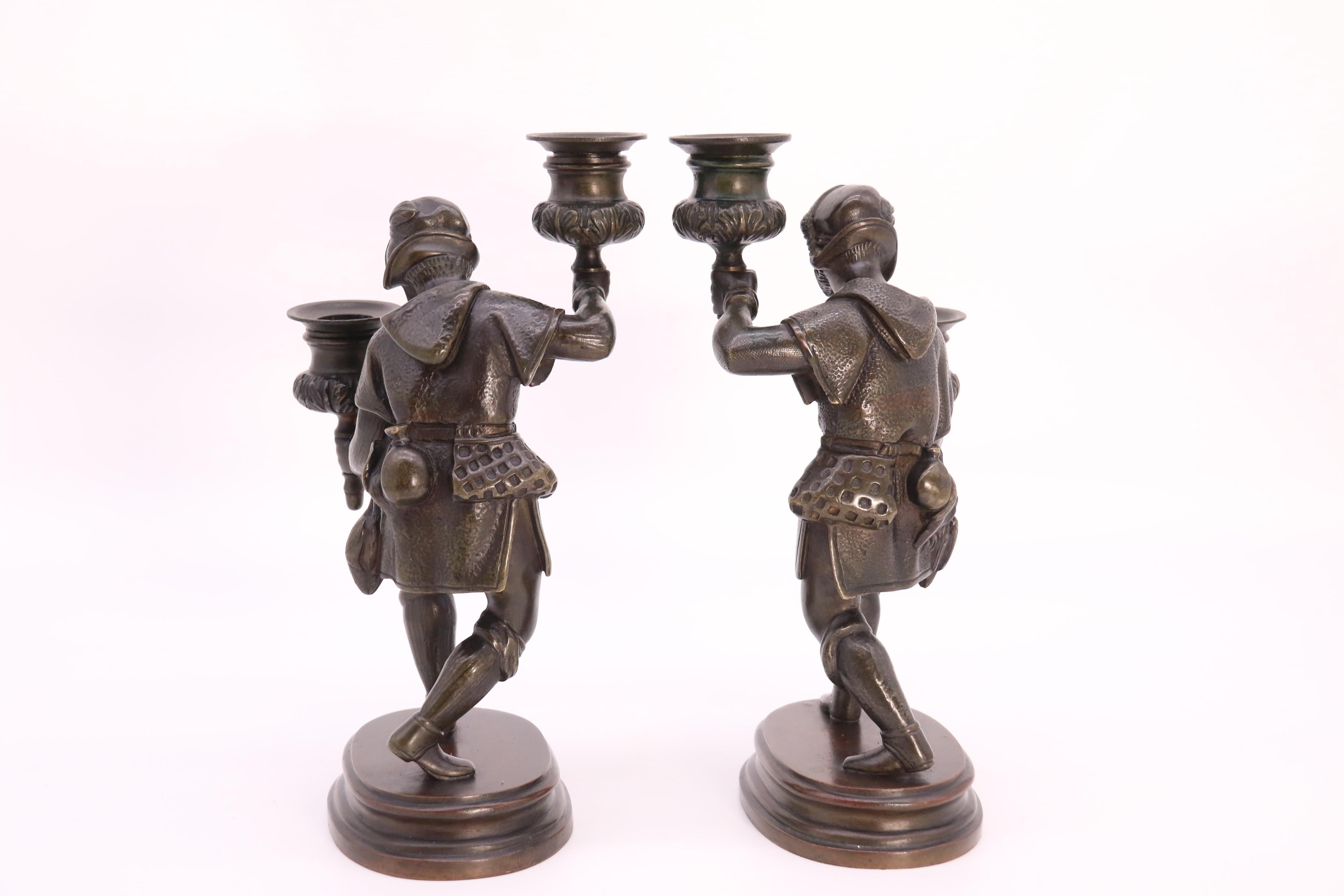 A pair of French 19th century bronze figurative double candlesticks circa 1860 For Sale 2