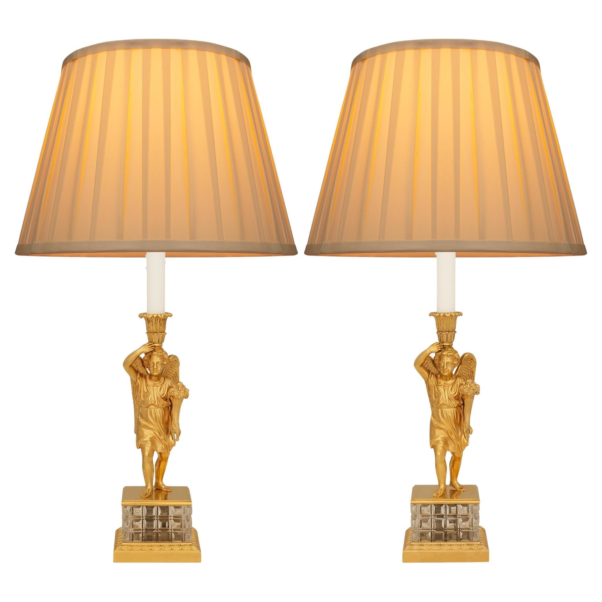 A pair of French 19th century Charles X Period Ormolu and Crystal lamps For Sale