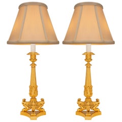 Pair of French 19th Century Charles X St. Ormolu Candlestick Lamps