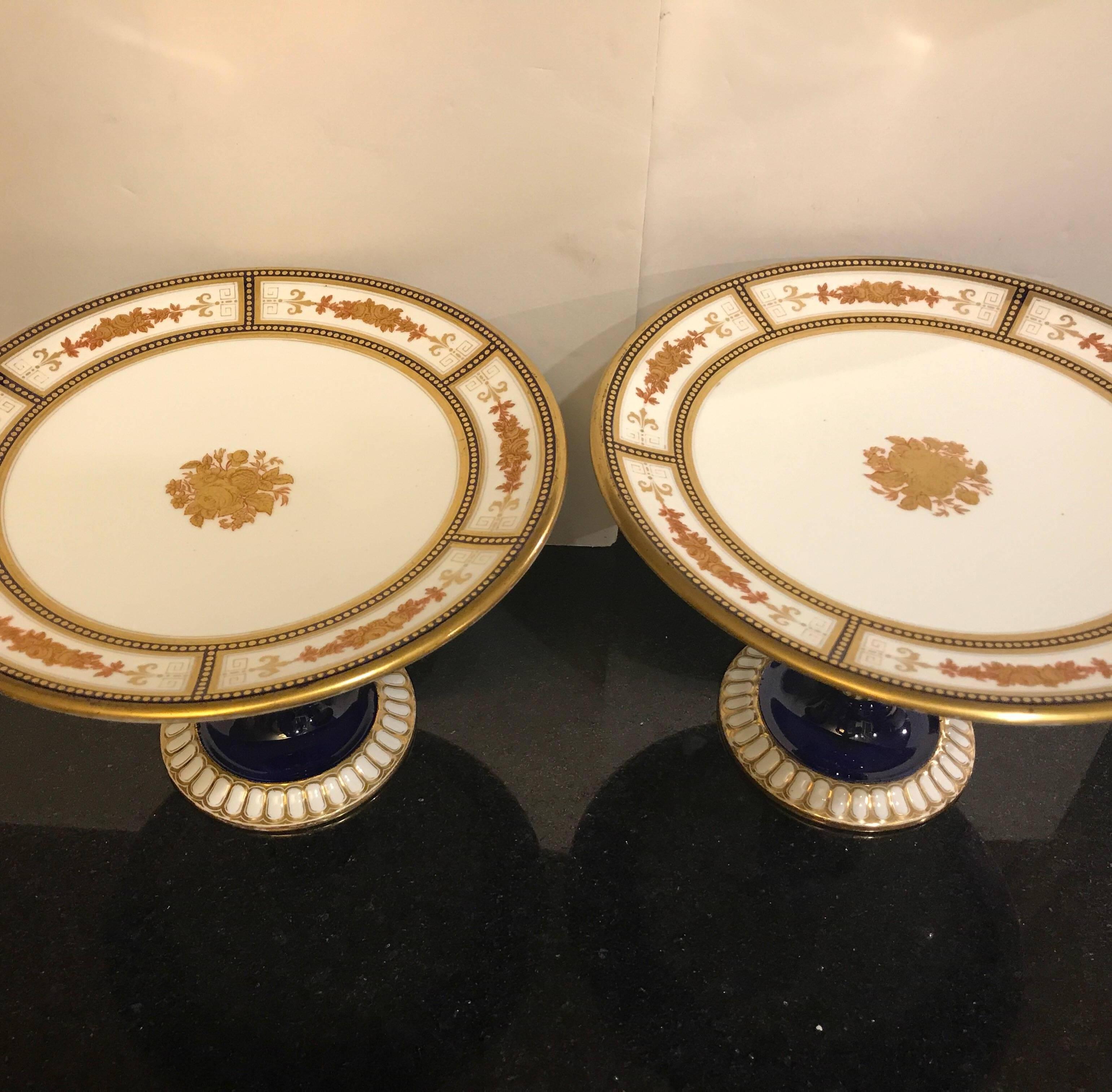 Hand-Painted Pair of French 19th Century Cobalt Porcelain Compote Tazzas