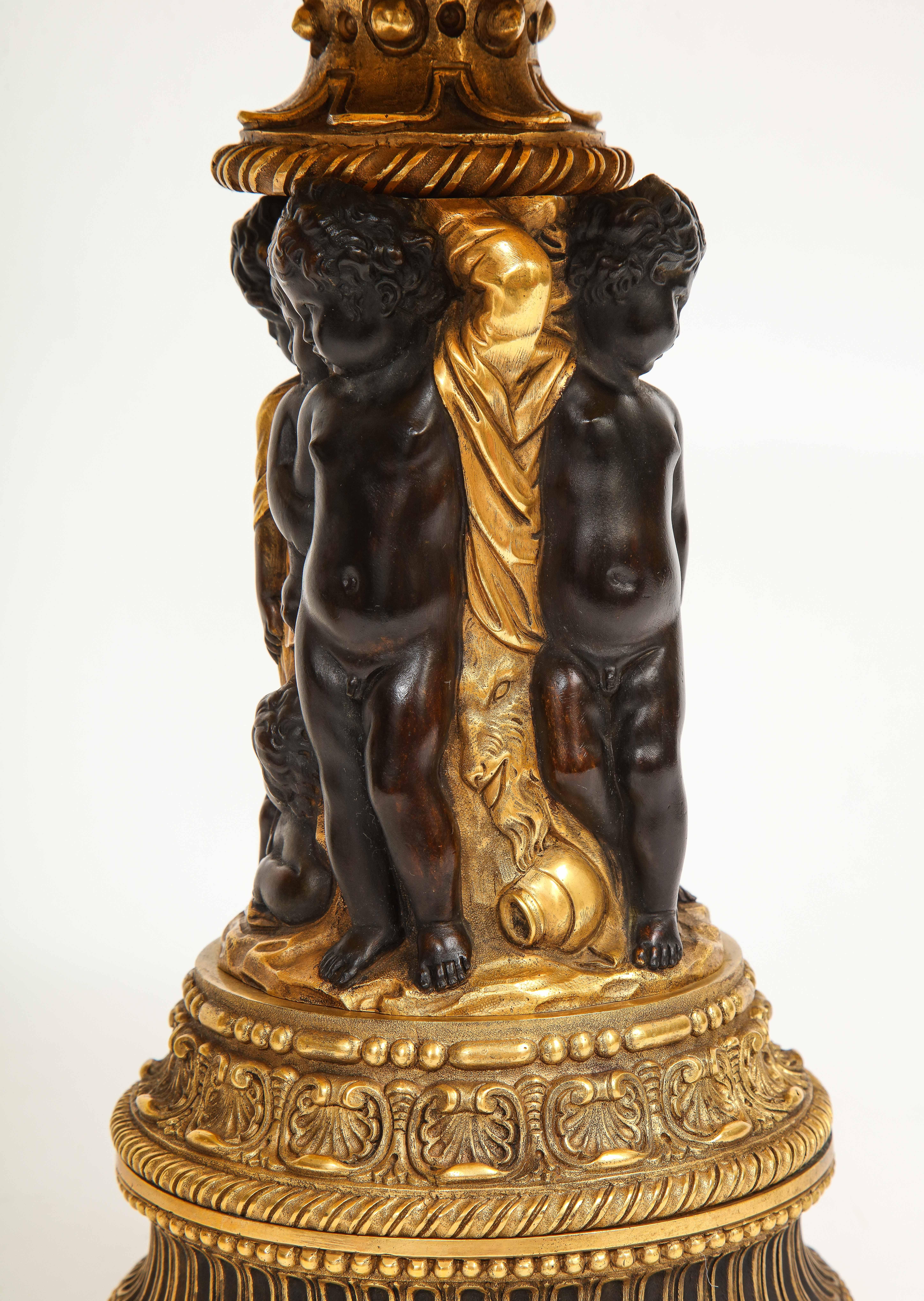 Pair of French 19th Century Dore and Patinated Bronze Handled Tazzas w/ Putti For Sale 3
