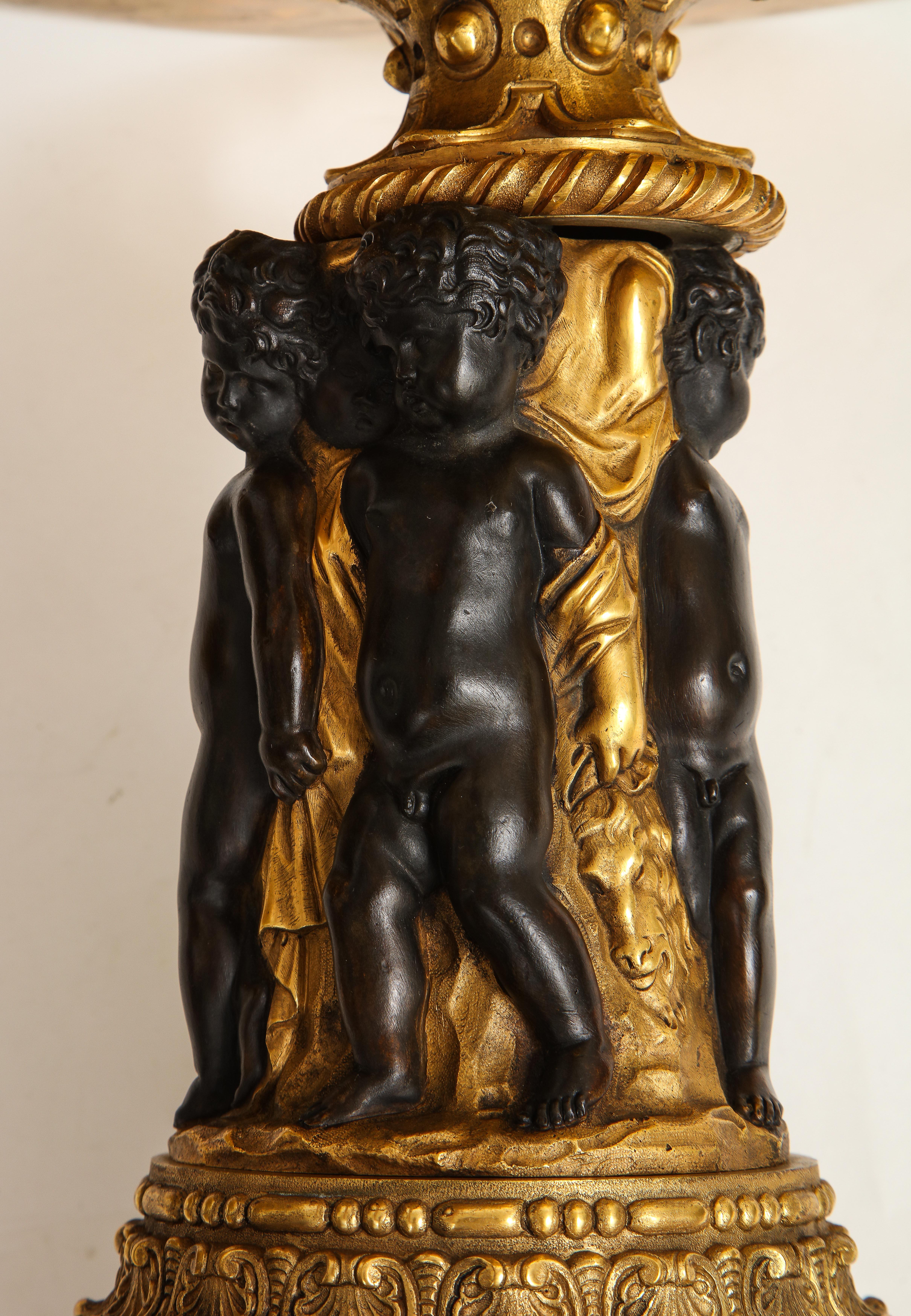 Pair of French 19th Century Dore and Patinated Bronze Handled Tazzas w/ Putti For Sale 5