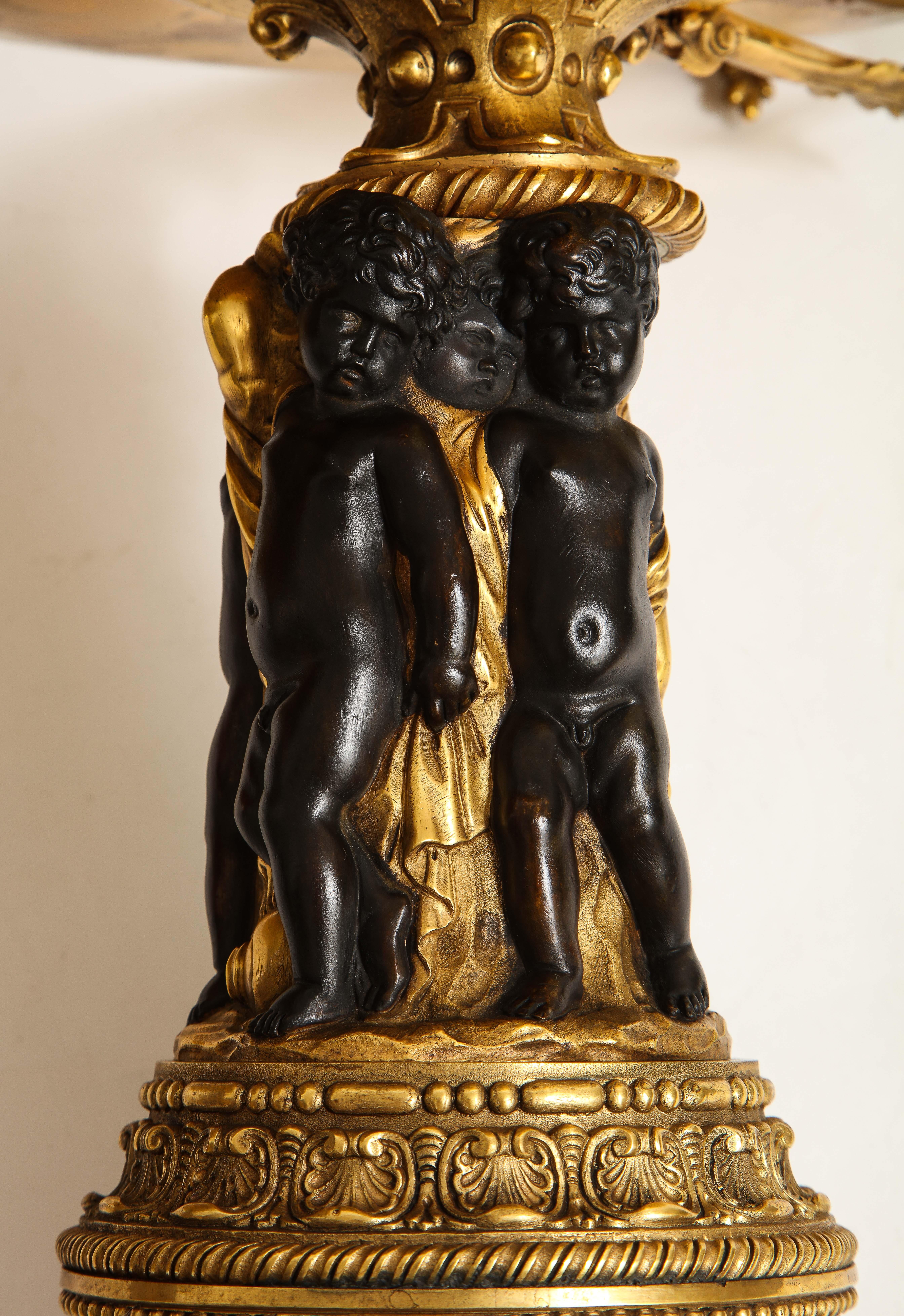 Pair of French 19th Century Dore and Patinated Bronze Handled Tazzas w/ Putti For Sale 6