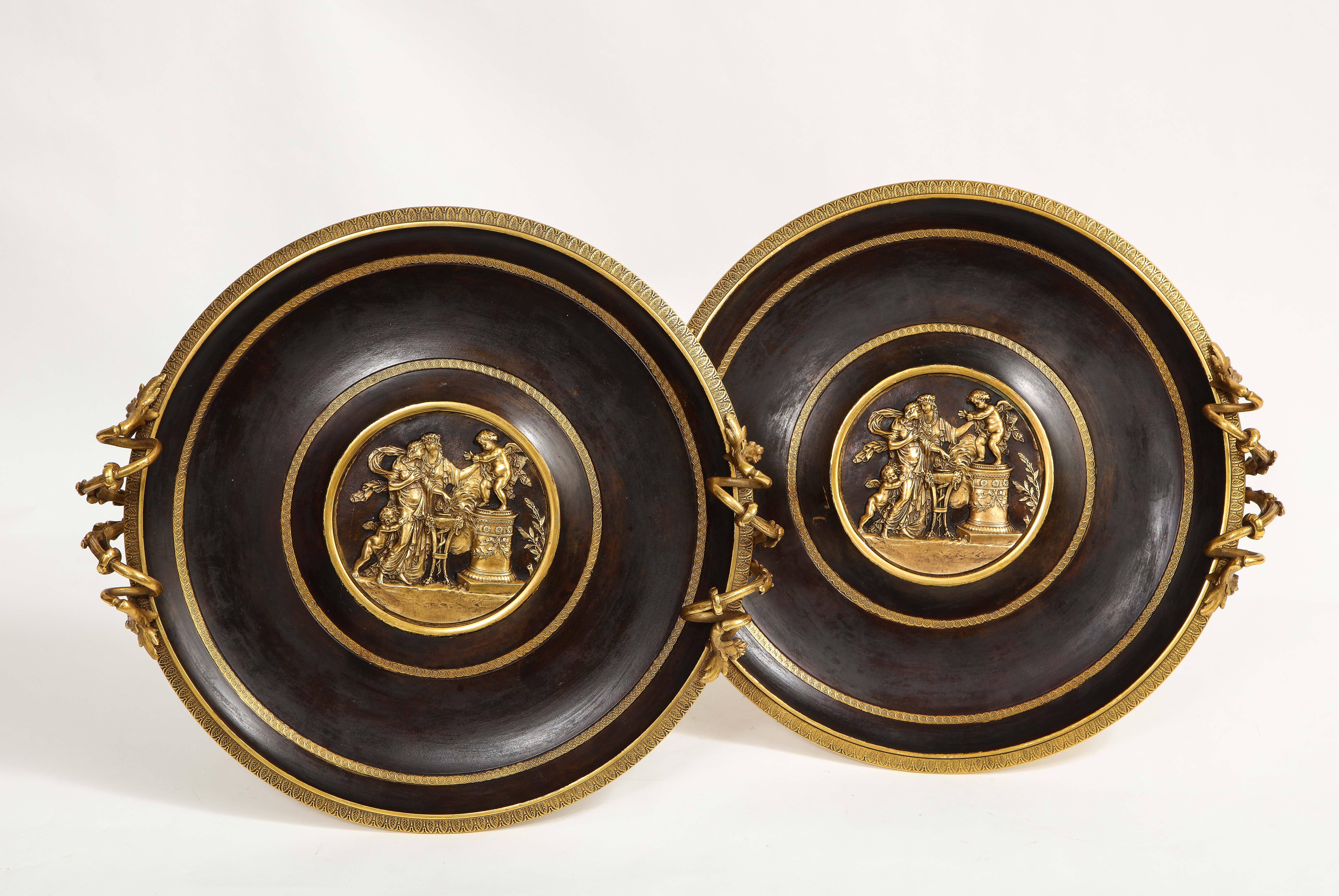 Pair of French 19th Century Dore and Patinated Bronze Handled Tazzas w/ Putti For Sale 9