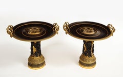 Pair of French 19th Century Dore and Patinated Bronze Handled Tazzas w/ Putti