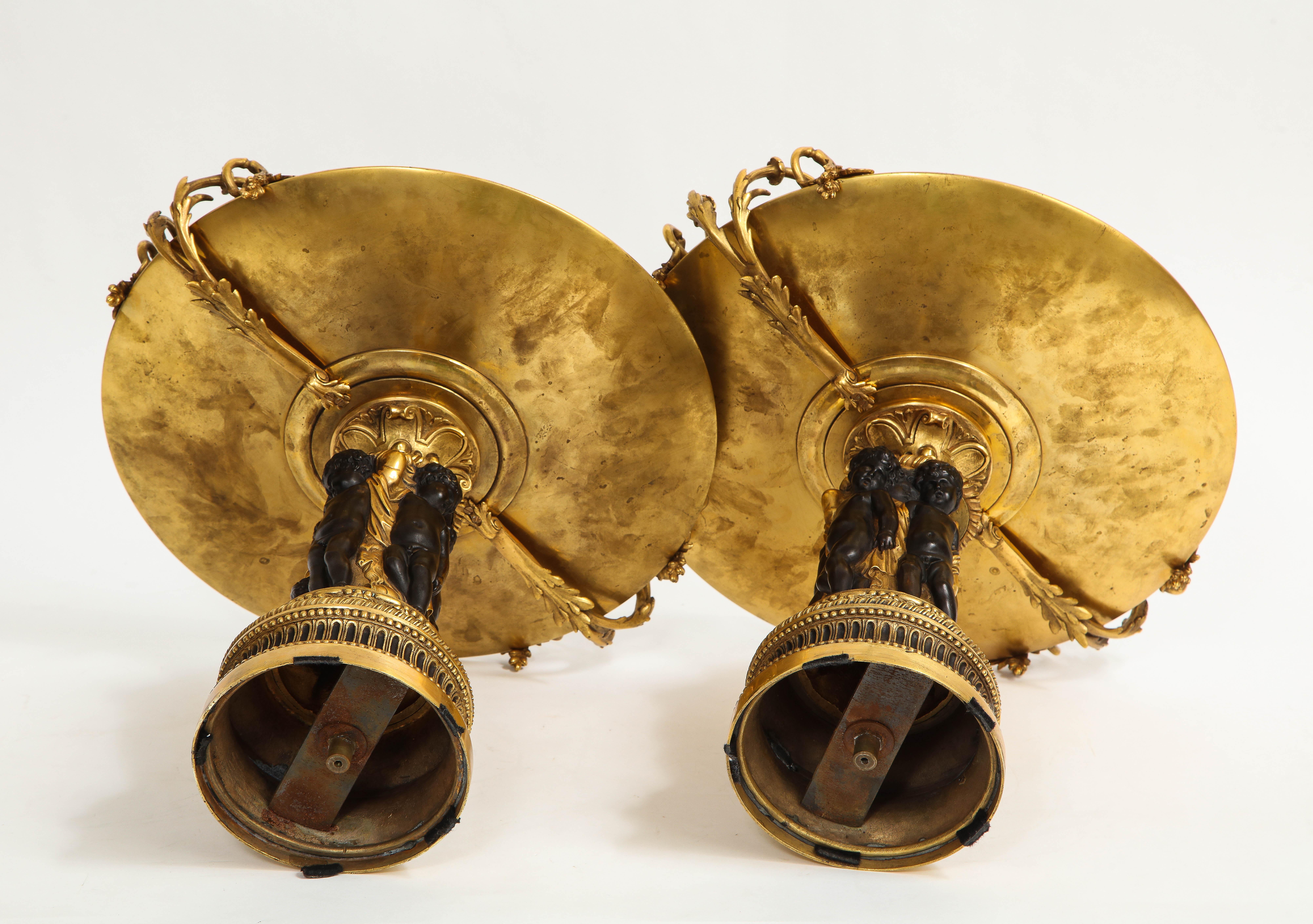 Pair of French 19th Century Dore and Patinated Bronze Handled Tazzas w/ Putti For Sale 13