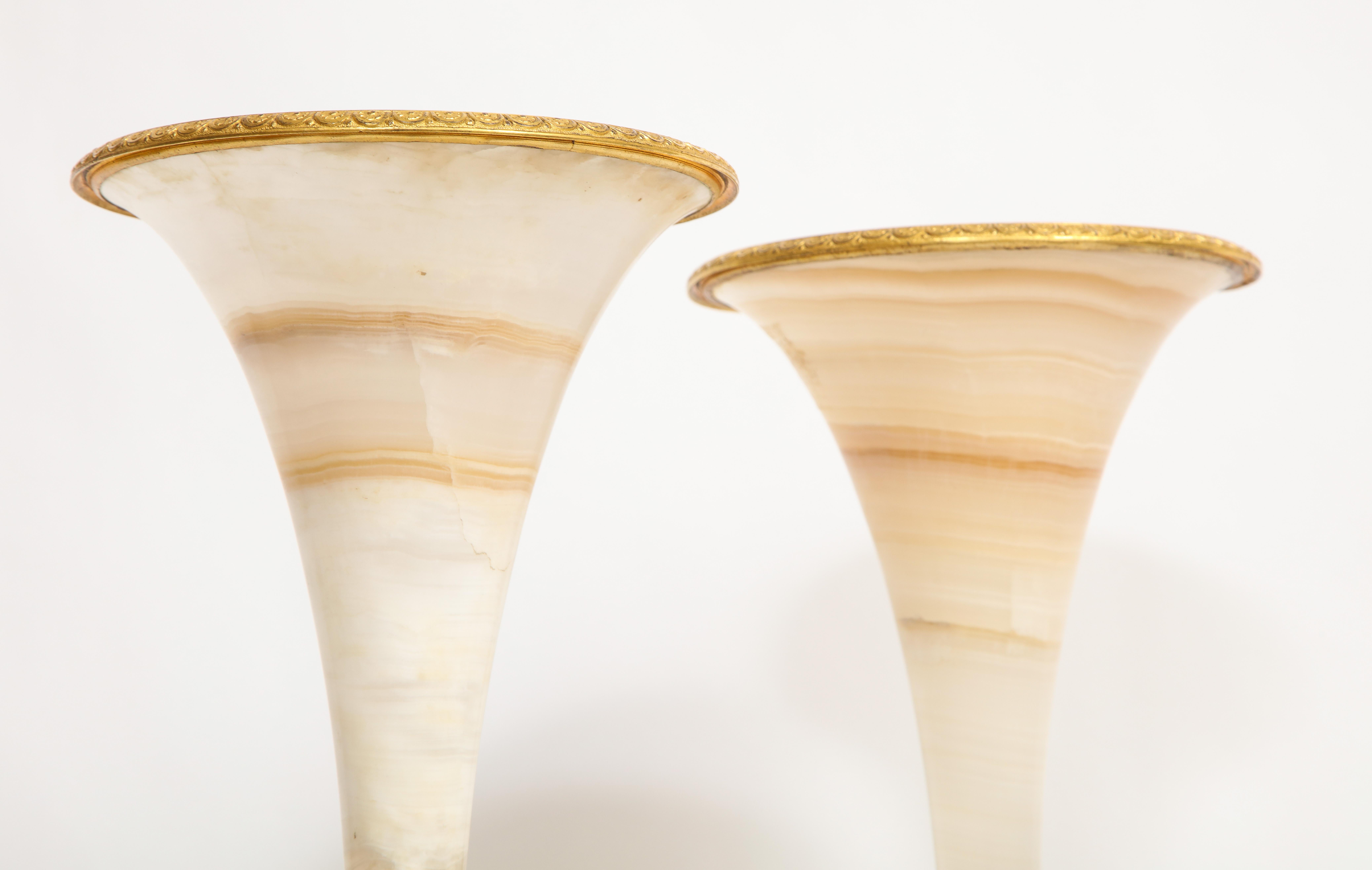 Pair of French 19th Century Figural Dore Bronze Mntd. Alabaster Trumpet Vases For Sale 8