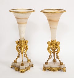 Pair of French 19th Century Figural Dore Bronze Mntd. Alabaster Trumpet Vases