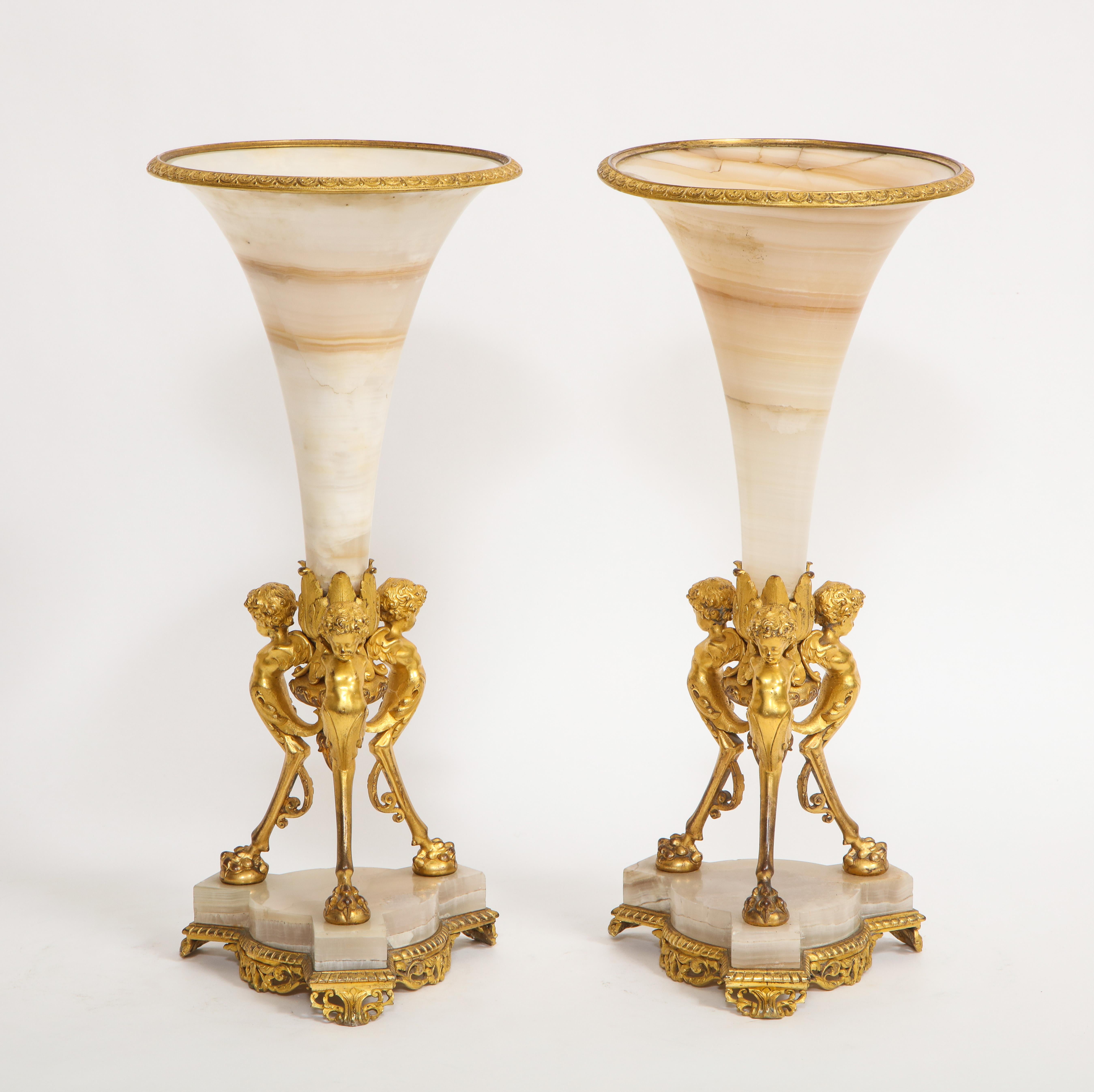 Louis XVI Pair of French 19th Century Figural Dore Bronze Mntd. Alabaster Trumpet Vases For Sale
