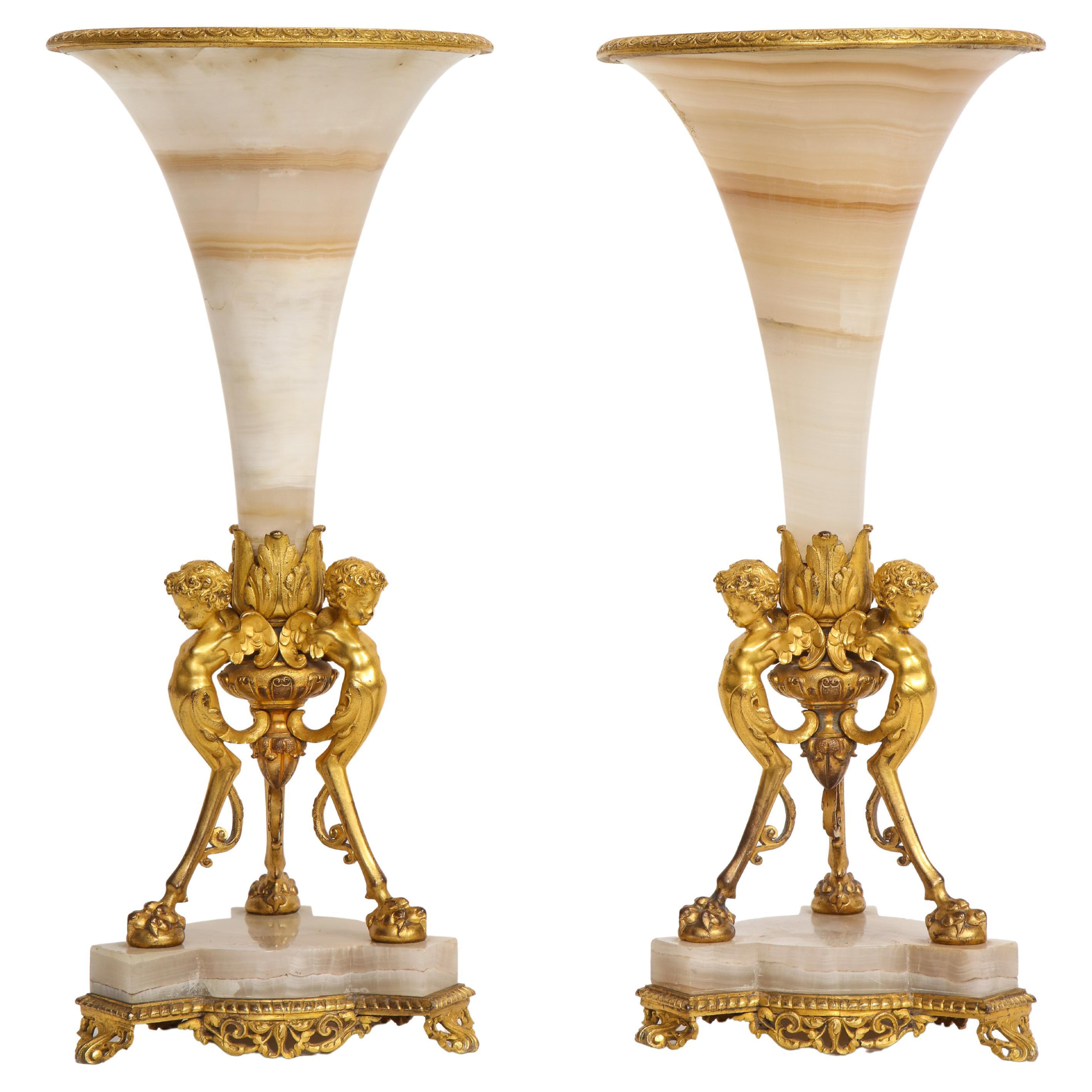 Pair of French 19th Century Figural Dore Bronze Mntd. Alabaster Trumpet Vases