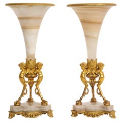 Pair of French 19th Century Figural Dore Bronze Mntd. Alabaster Trumpet Vases