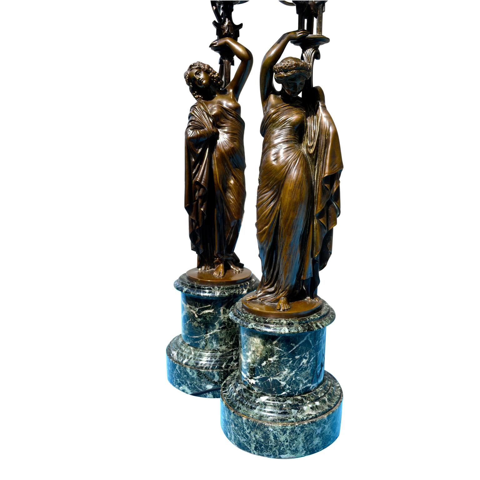 Pair of French 19th Century Figurative Patinated Bronze Candelabra Lamps For Sale 7