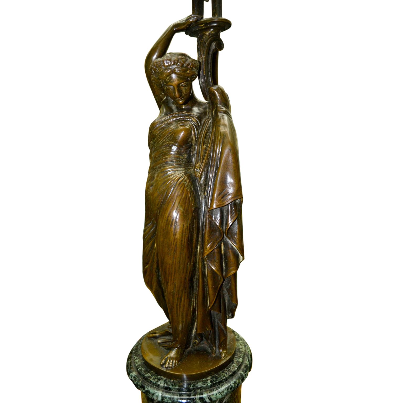 Pair of French 19th Century Figurative Patinated Bronze Candelabra Lamps For Sale 2