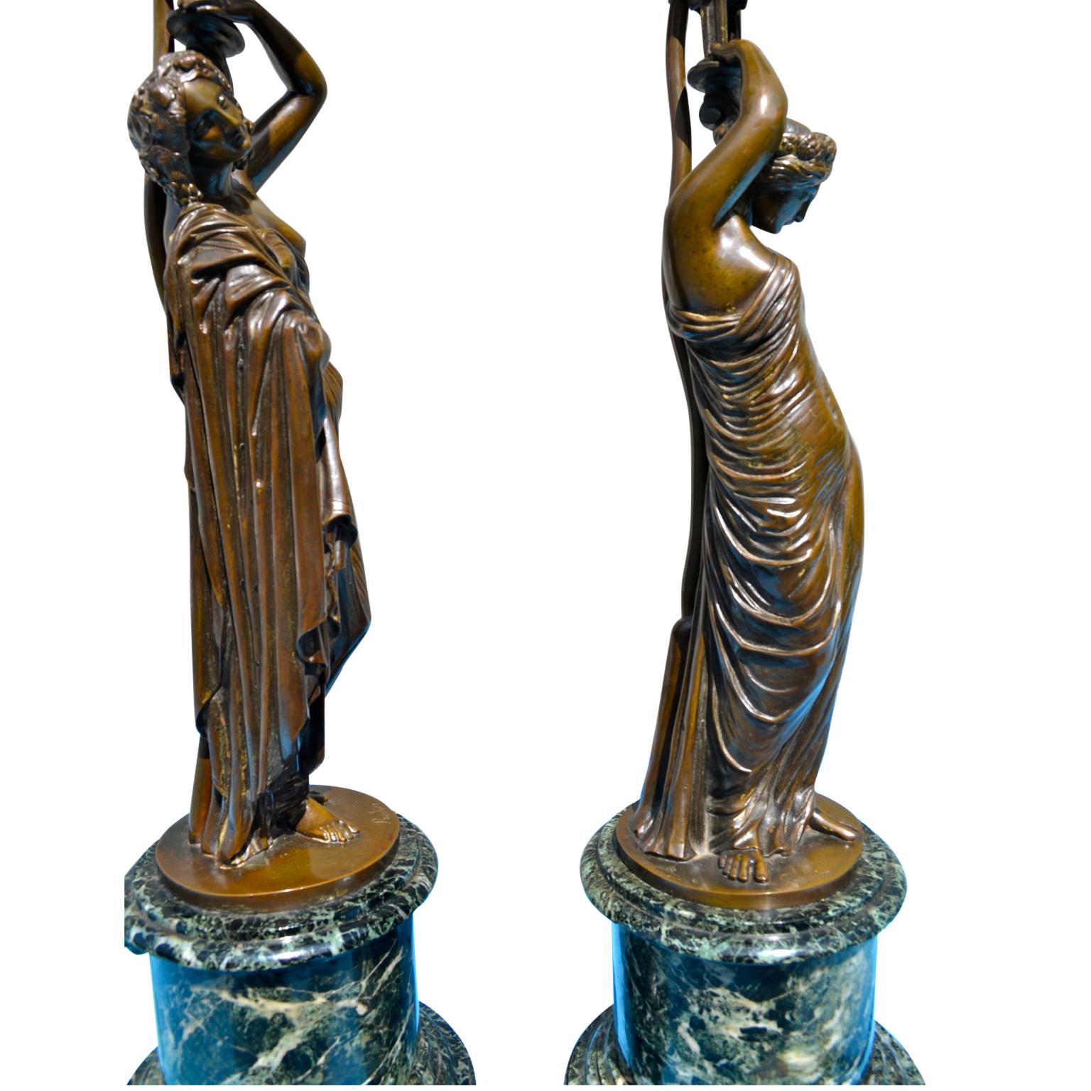 Pair of French 19th Century Figurative Patinated Bronze Candelabra Lamps For Sale 6