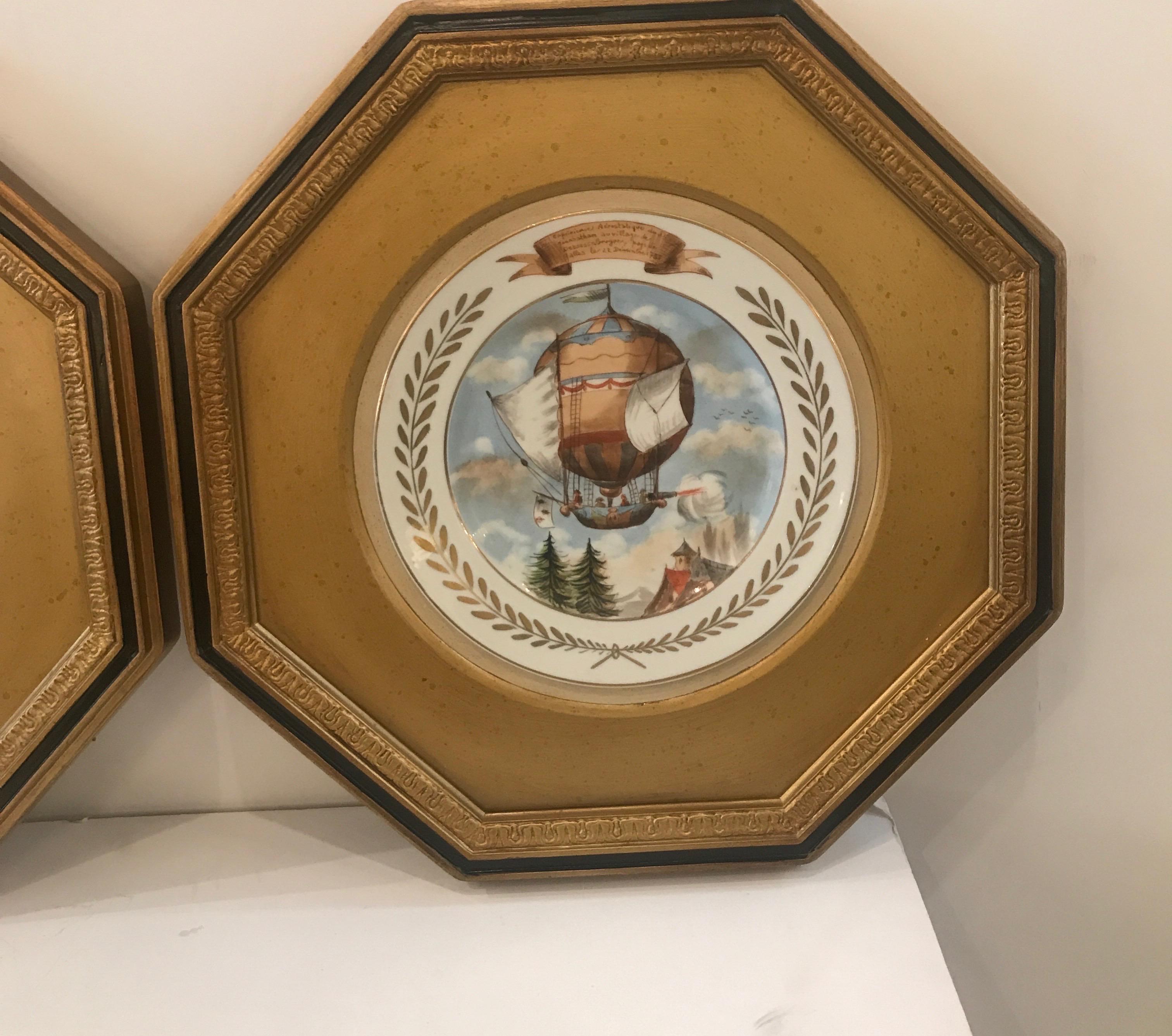 Belle Époque Pair of French 19th Century Framed Porcelain Plates of Hot Air Balloons